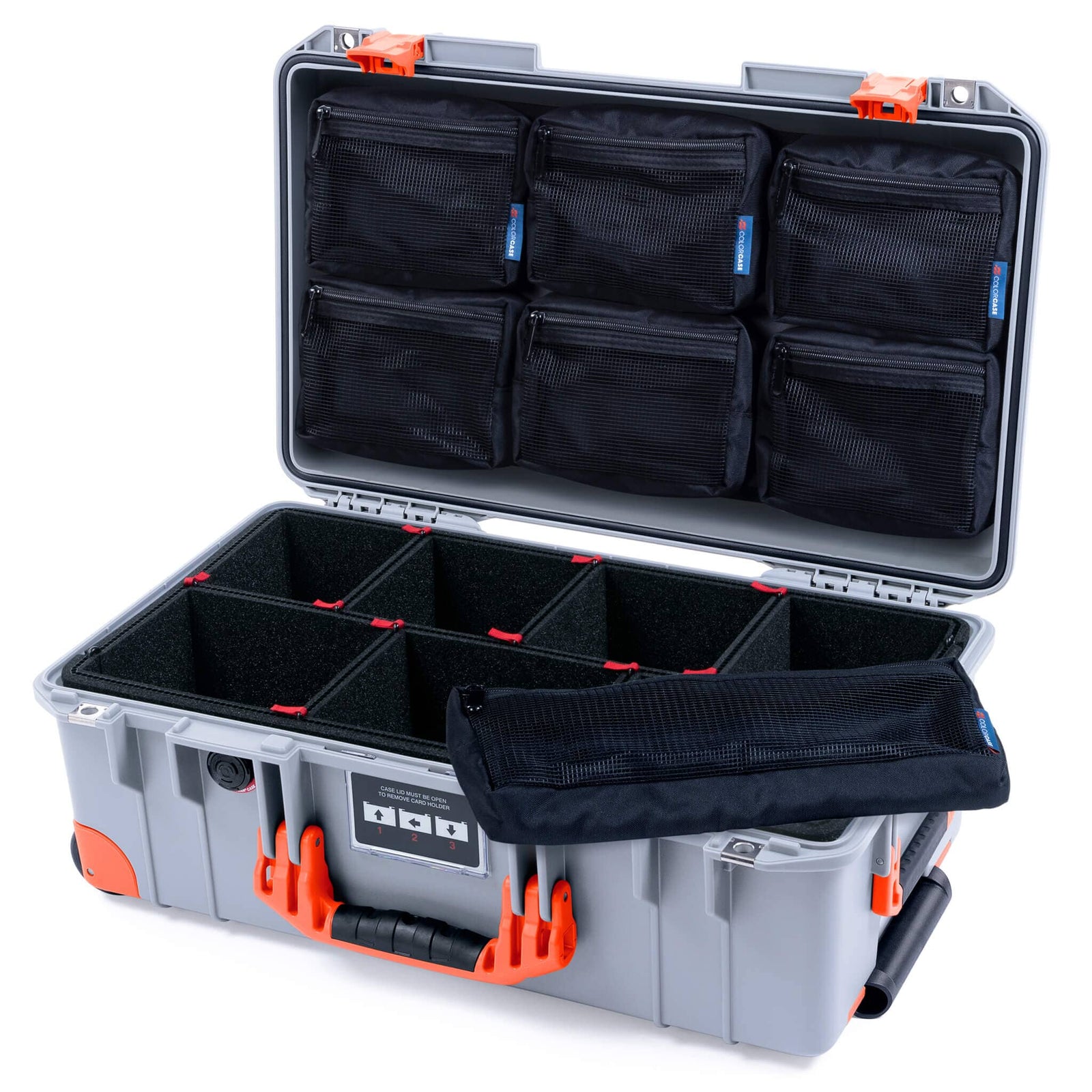 Pelican 1535 Air Case, Silver with Orange Handles, Latches & Trolley TrekPak Divider System with 7-Piece Removable Mesh Pouches ColorCase 015350-0720-180-151-150
