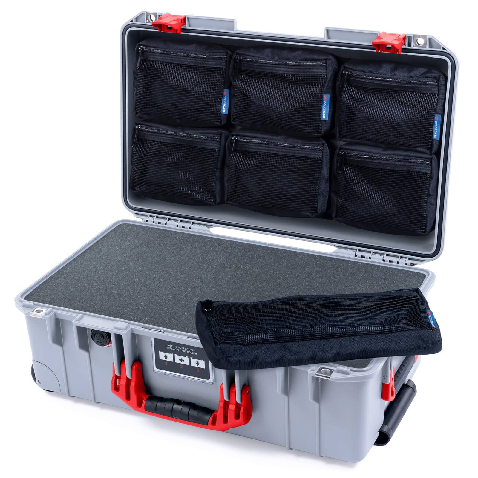 Pelican 1535 Air Case, Silver with Red Handles & Latches Pick & Pluck Foam with 7-Piece Removable Mesh Pouches ColorCase 015350-0701-180-321