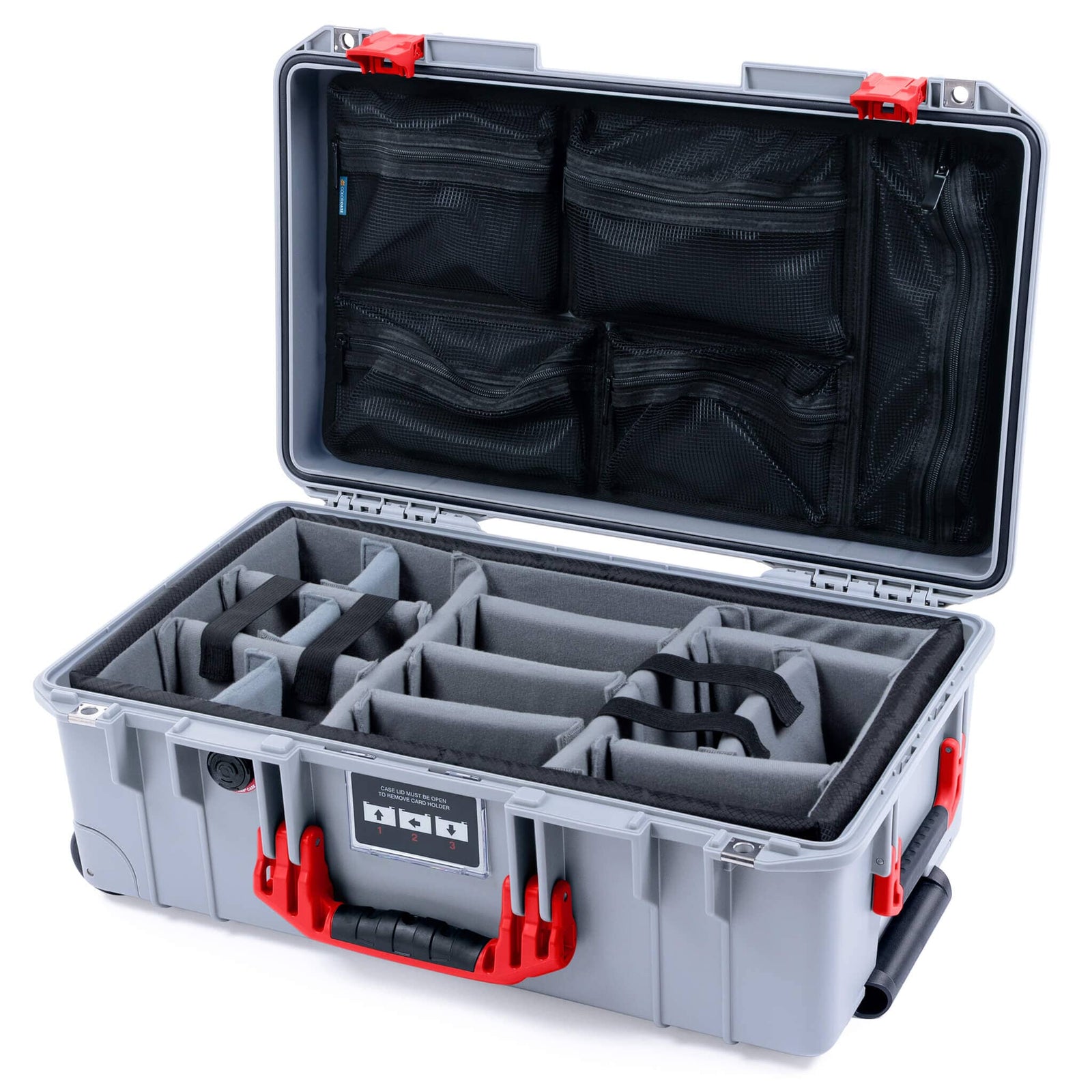 Pelican 1535 Air Case, Silver with Red Handles & Latches Gray Padded Microfiber Dividers with Mesh Lid Organizer ColorCase 015350-0170-180-321
