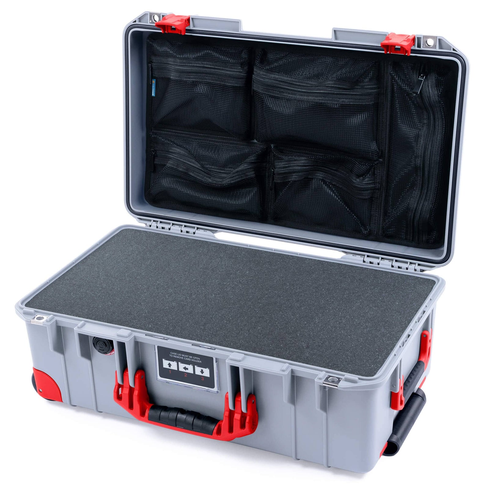 Pelican 1535 Air Case, Silver with Red Handles, Latches & Trolley Pick & Pluck Foam with Mesh Lid Organizer ColorCase 015350-0101-180-321-320