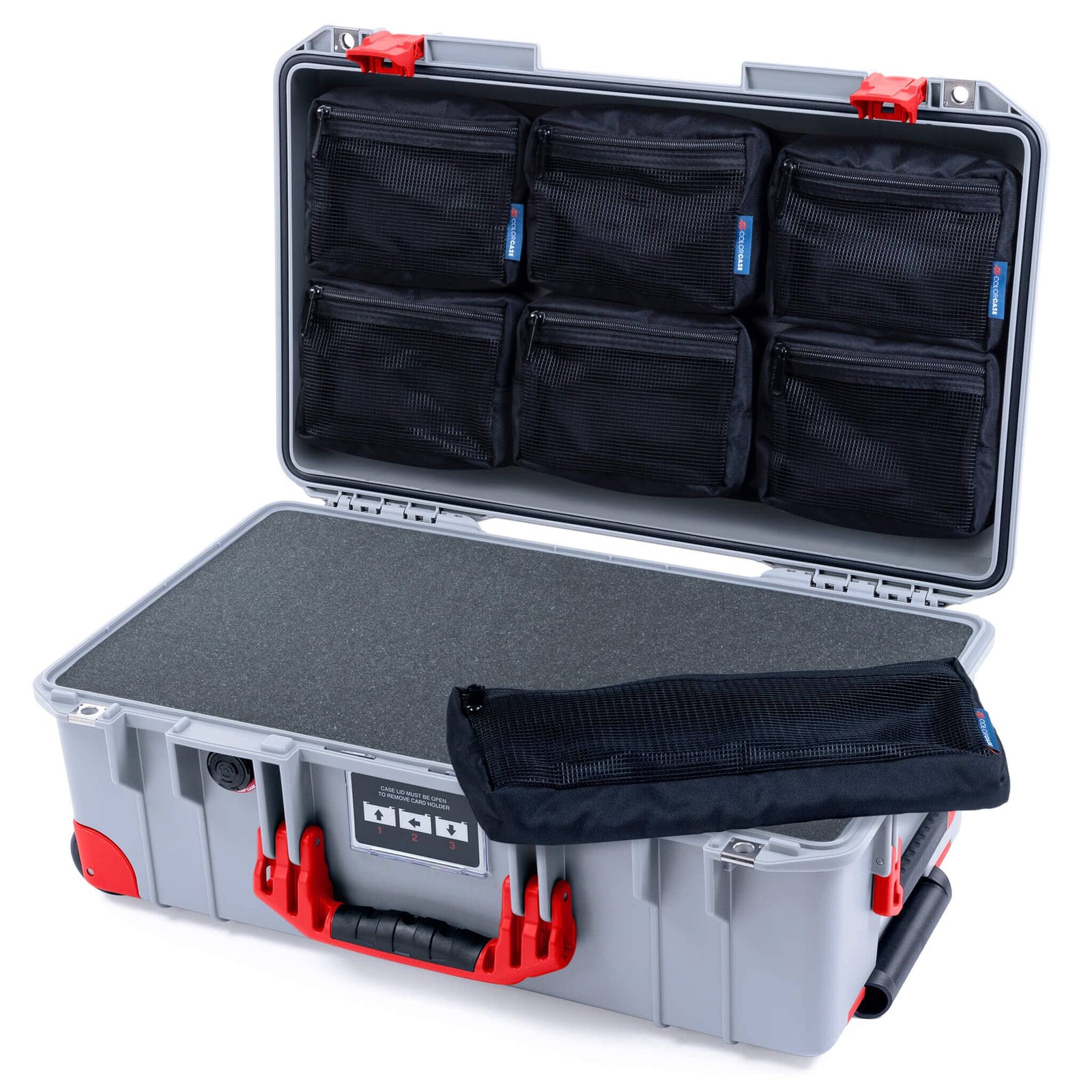 Pelican 1535 Air Case, Silver with Red Handles, Latches & Trolley Pick & Pluck Foam with 7-Piece Removable Mesh Pouches ColorCase 015350-0701-180-321-320