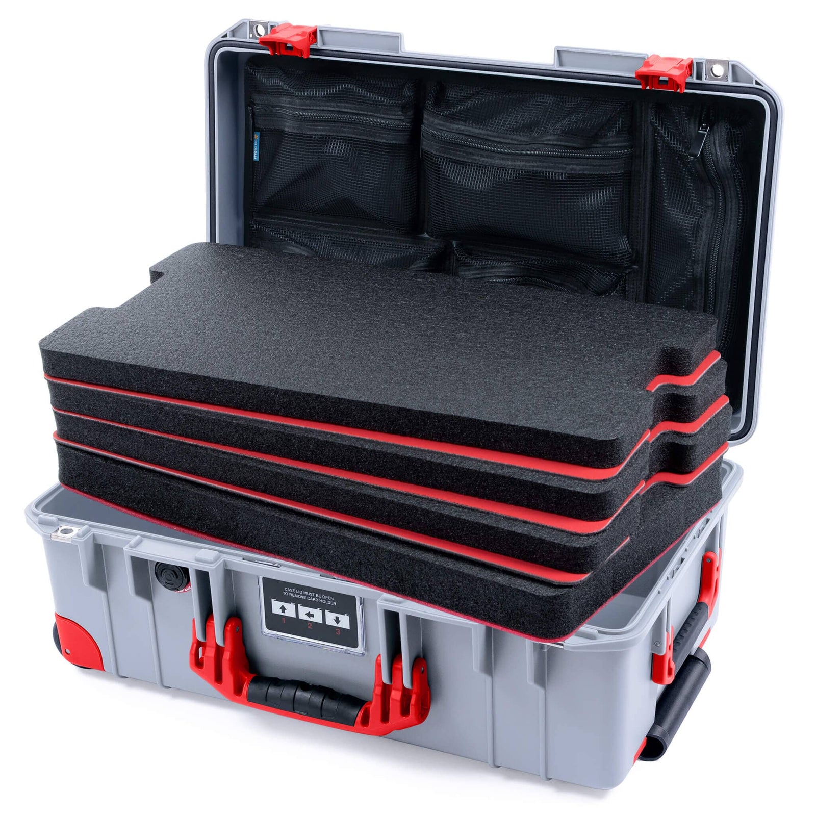 Pelican 1535 Air Case, Silver with Red Handles, Latches & Trolley Custom Tool Kit (4 Foam Inserts with Mesh Lid Organizer) ColorCase 015350-0160-180-321-320