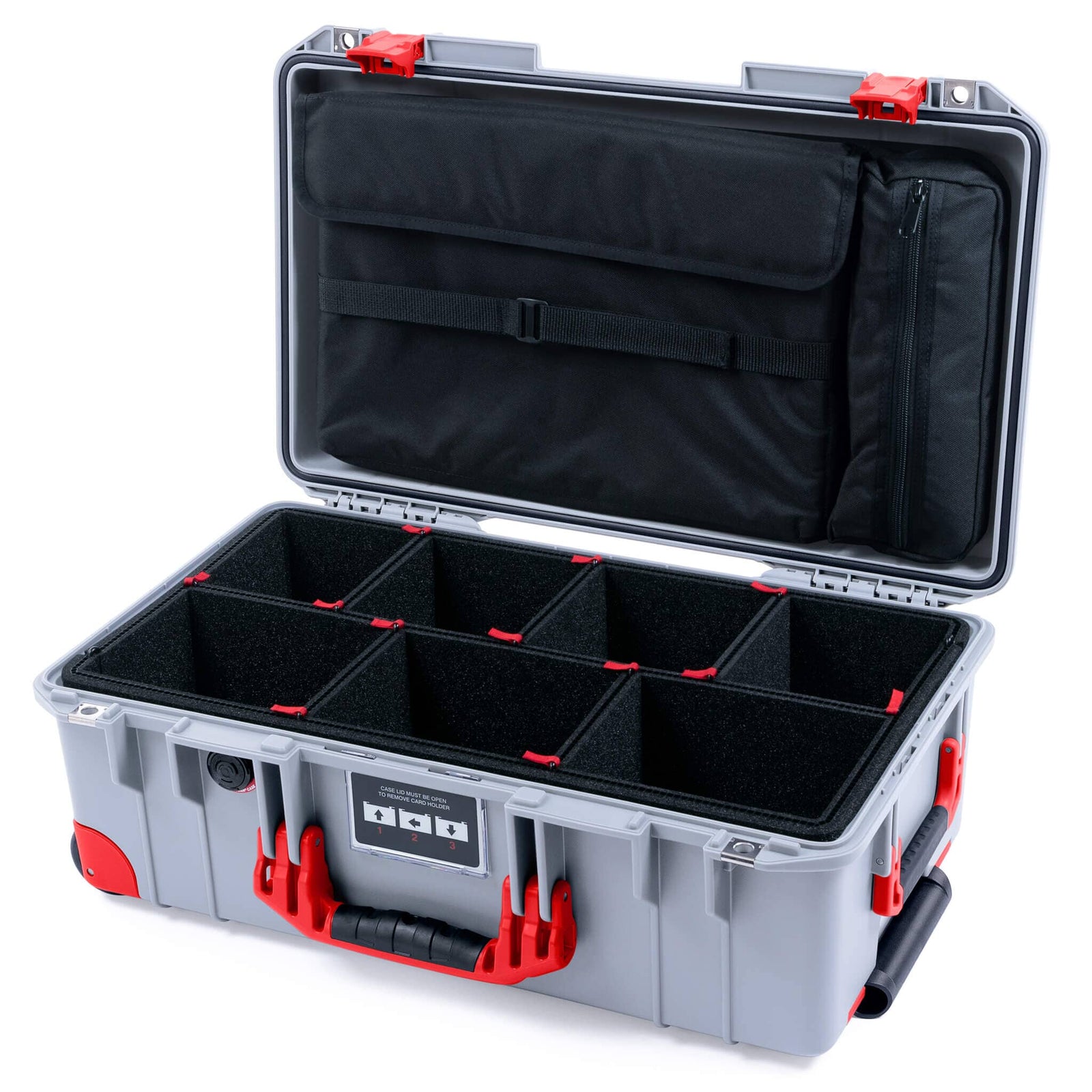 Pelican 1535 Air Case, Silver with Red Handles, Latches & Trolley TrekPak Divider System with Laptop Computer Lid Pouch ColorCase 015350-0220-180-321-320