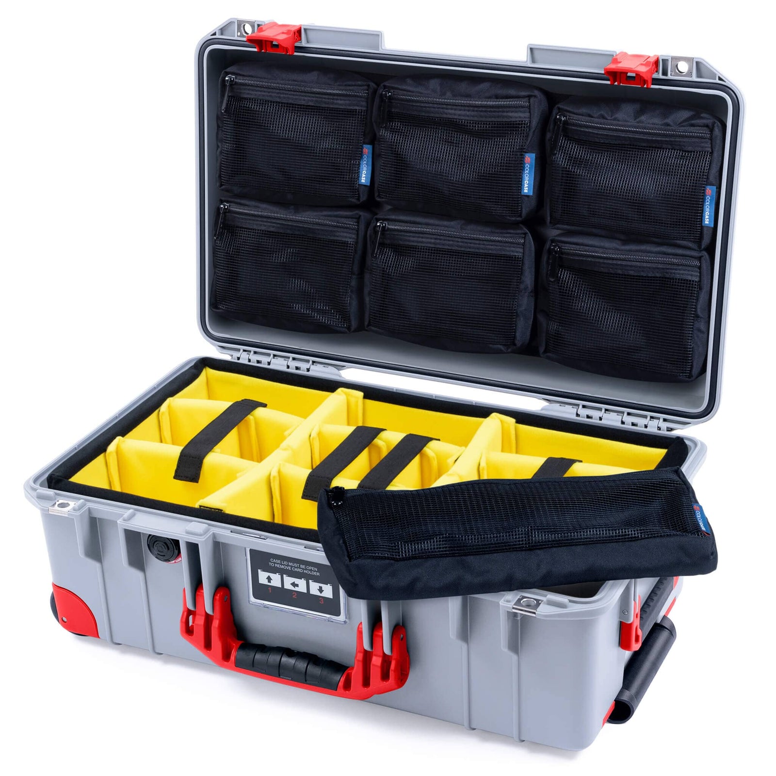 Pelican 1535 Air Case, Silver with Red Handles, Latches & Trolley Yellow Padded Microfiber Dividers with 7-Piece Removable Mesh Pouches ColorCase 015350-0710-180-321-320