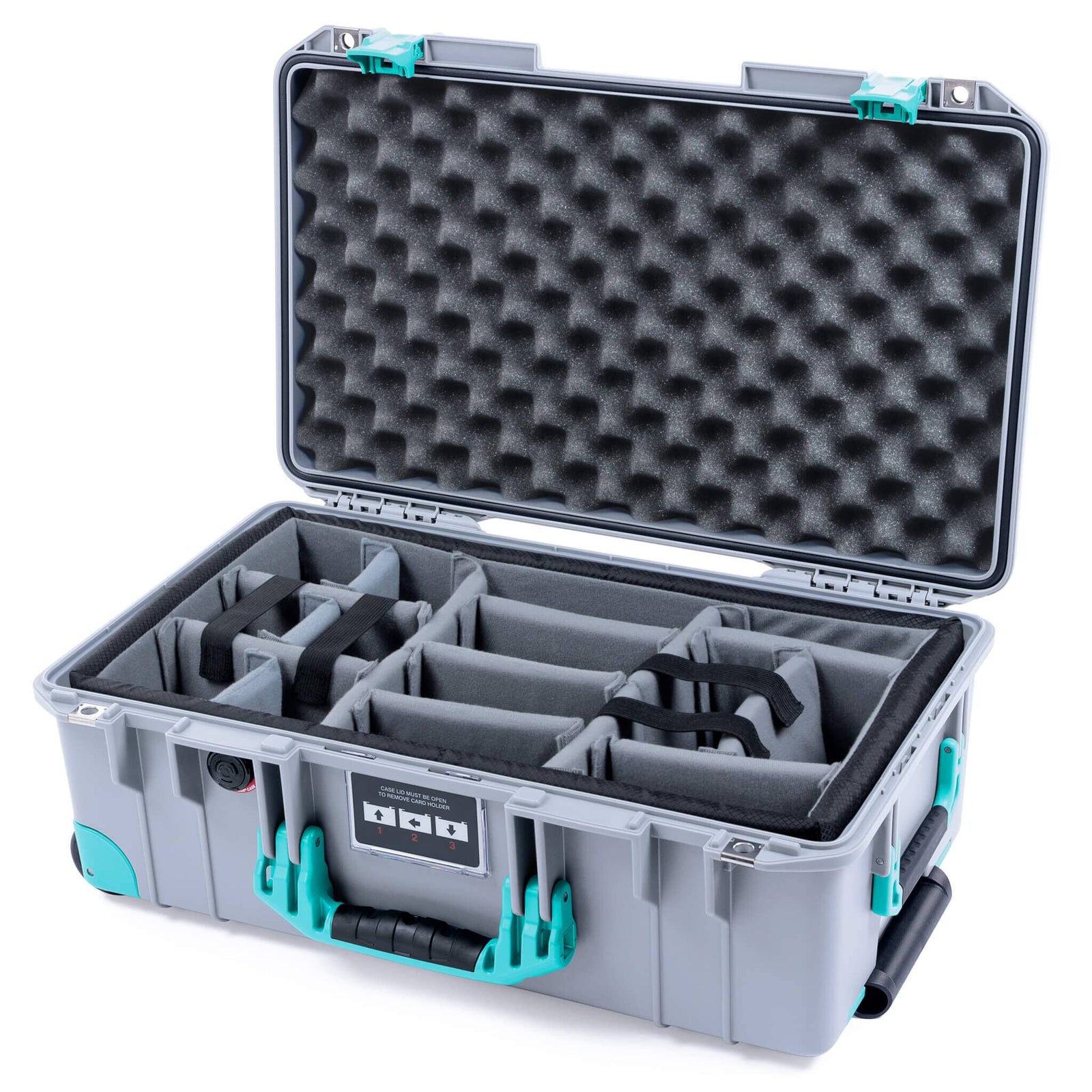 Pelican 1535 Air Case, Silver with Teal Handles, Latches & Trolley Gray Padded Microfiber Dividers with Convoluted Lid Foam ColorCase 015350-0070-180-591-590