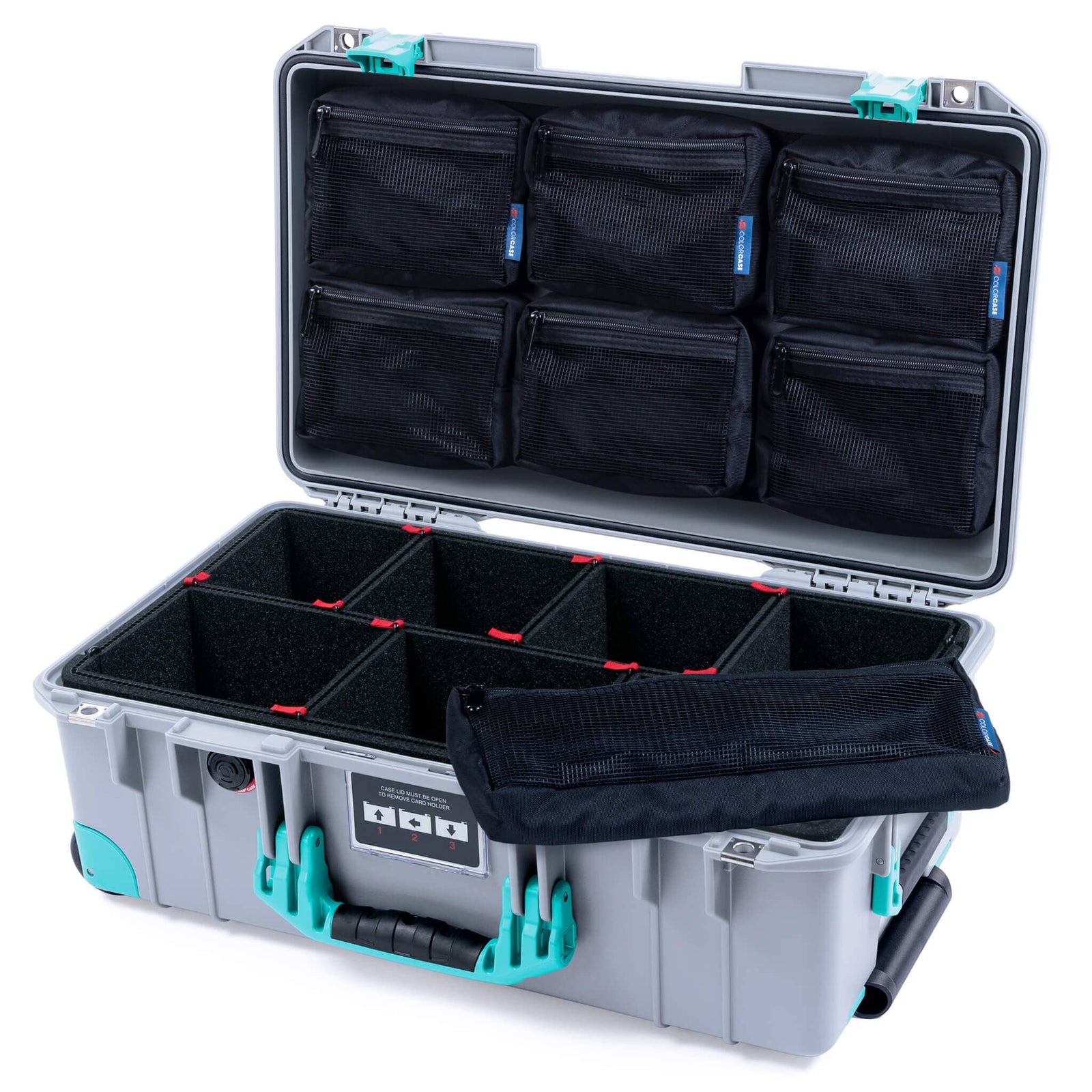 Pelican 1535 Air Case, Silver with Teal Handles, Latches & Trolley TrekPak Divider System with 7-Piece Removable Mesh Pouches ColorCase 015350-0720-180-591-590