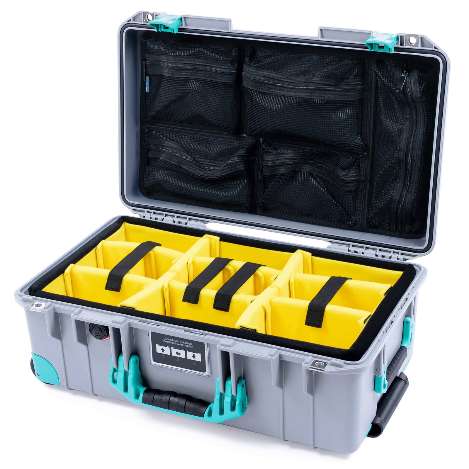Pelican 1535 Air Case, Silver with Teal Handles, Latches & Trolley Yellow Padded Microfiber Dividers with Mesh Lid Organizer ColorCase 015350-0110-180-591-590