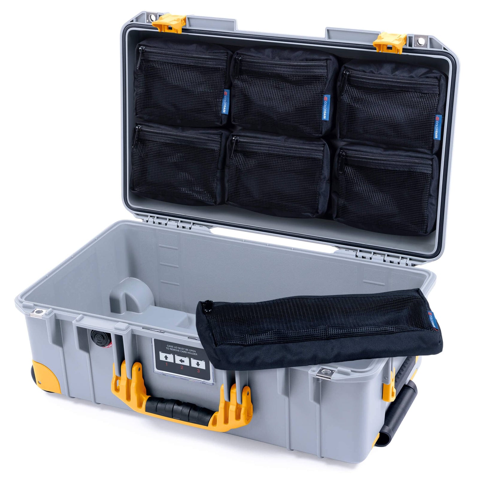 Pelican 1535 Air Case, Silver with Yellow Handles, Latches & Trolley 7-Piece Removable Mesh Pouches Only ColorCase 015350-0700-180-241-240