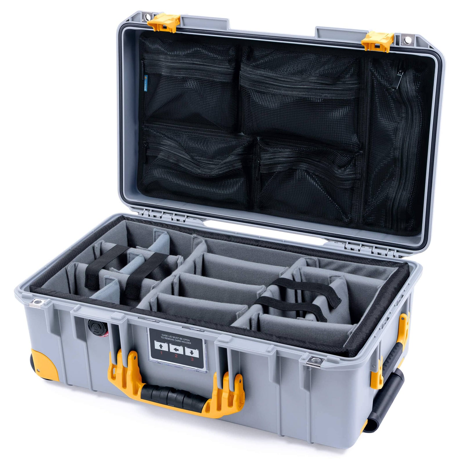 Pelican 1535 Air Case, Silver with Yellow Handles, Latches & Trolley Gray Padded Microfiber Dividers with Mesh Lid Organizer ColorCase 015350-0170-180-241-240