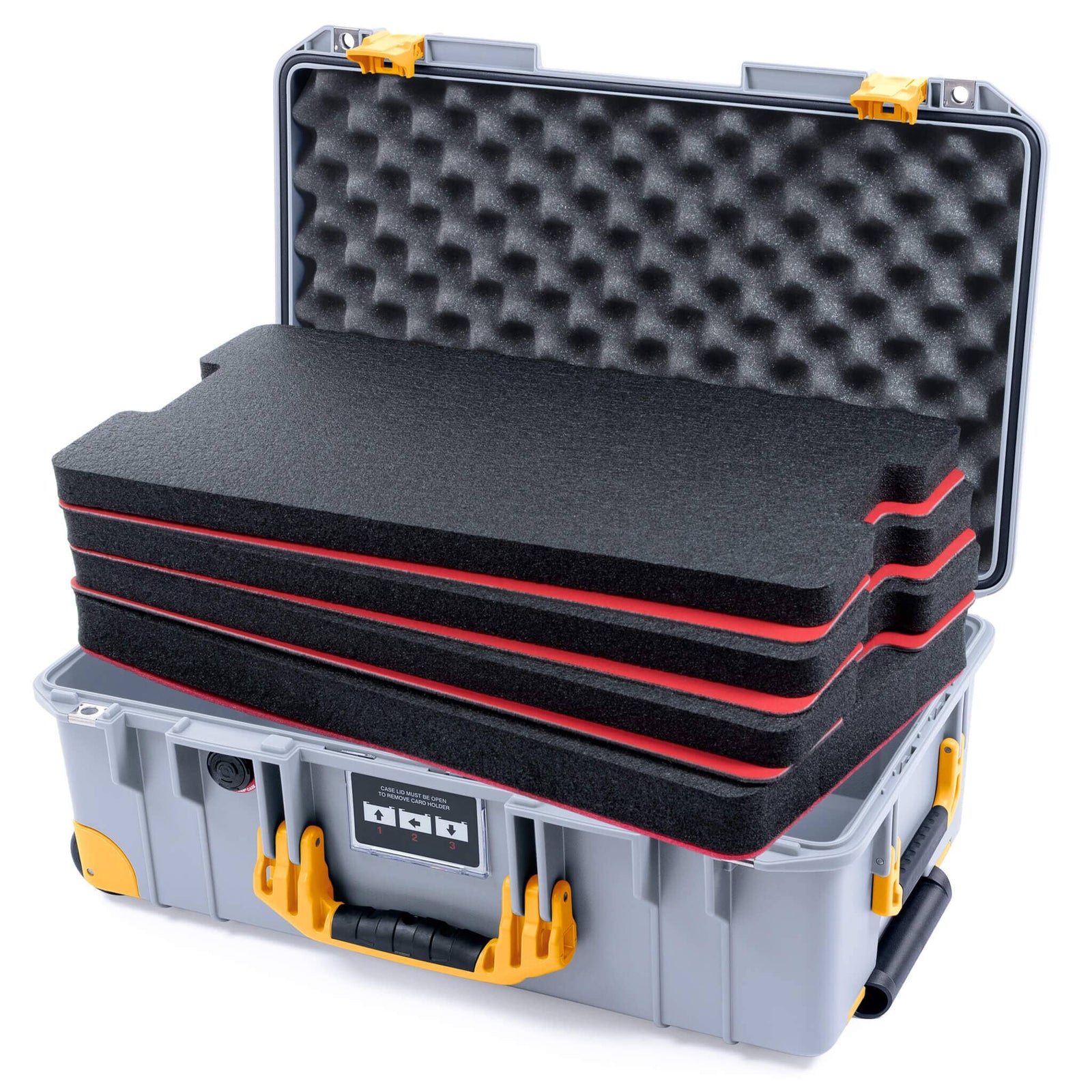 Pelican 1535 Air Case, Silver with Yellow Handles, Latches & Trolley Custom Tool Kit (4 Foam Inserts with Convolute Lid Foam) ColorCase 015350-0060-180-241-240