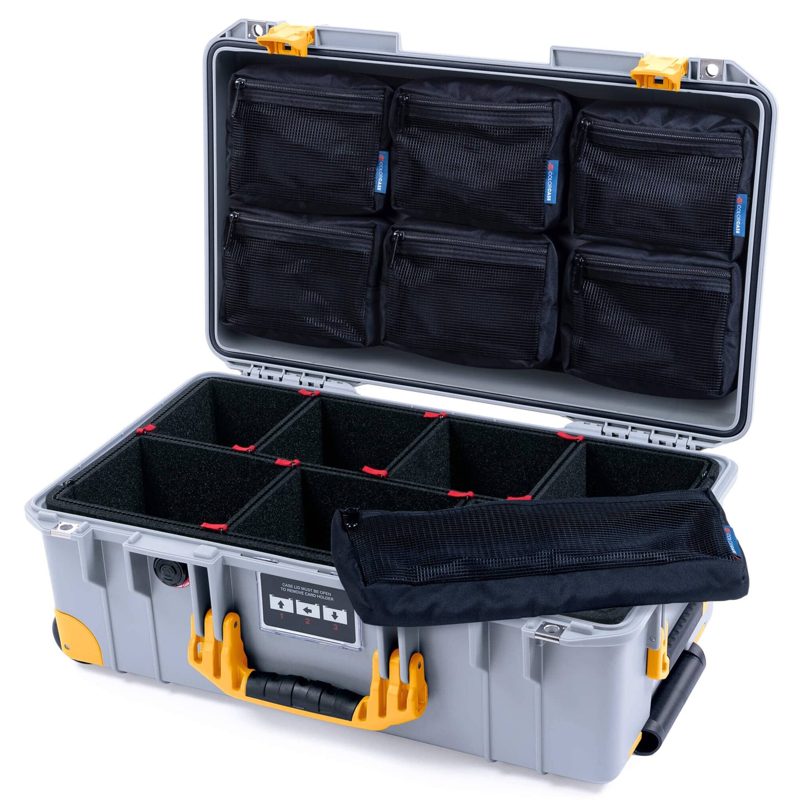 Pelican 1535 Air Case, Silver with Yellow Handles, Latches & Trolley TrekPak Divider System with 7-Piece Removable Mesh Pouches ColorCase 015350-0720-180-241-240