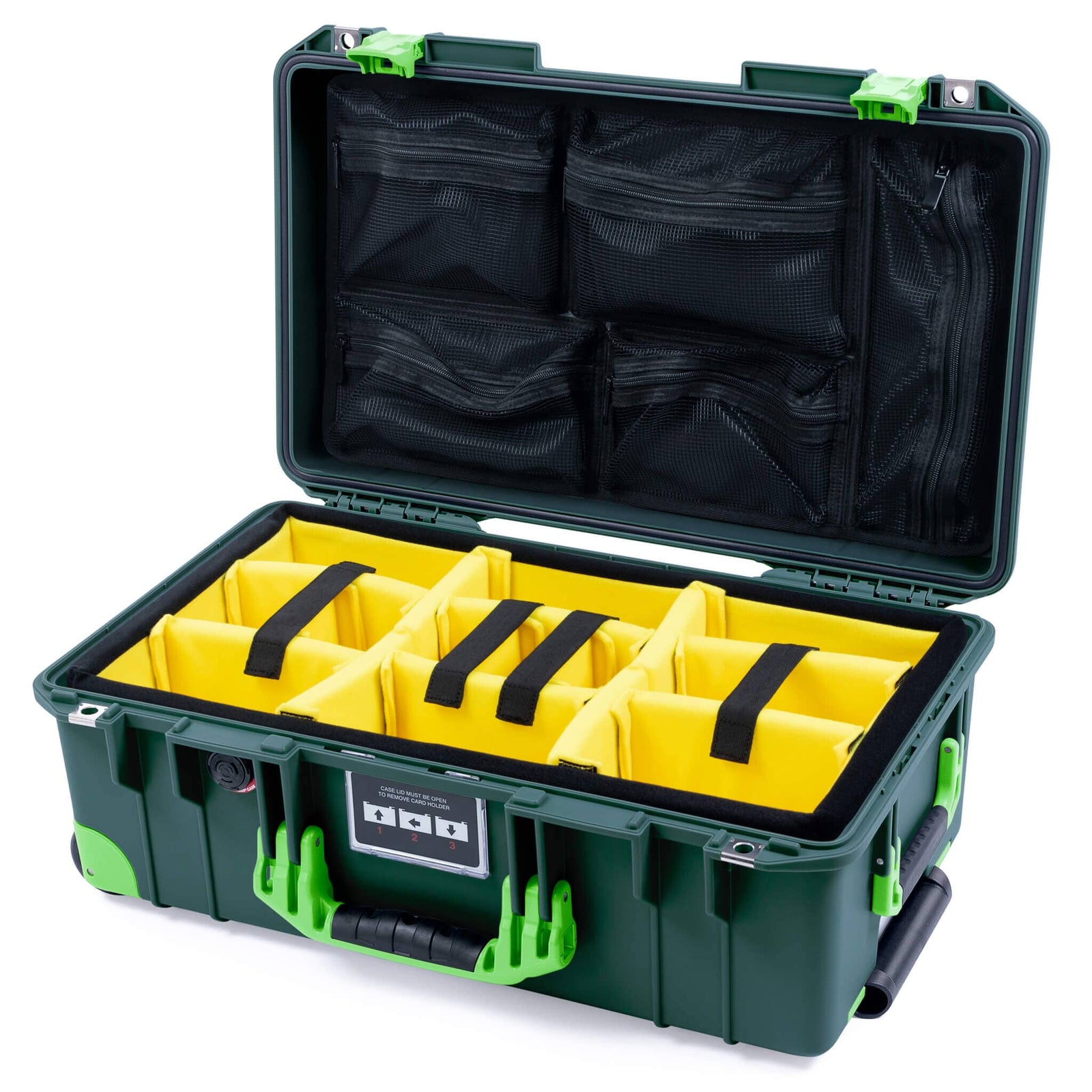 Pelican 1535 Air Carry-on Case - Trekking Green & Lime Green Trolley - Yellow Padded Microfiber Dividers / Mesh Lid Organizer