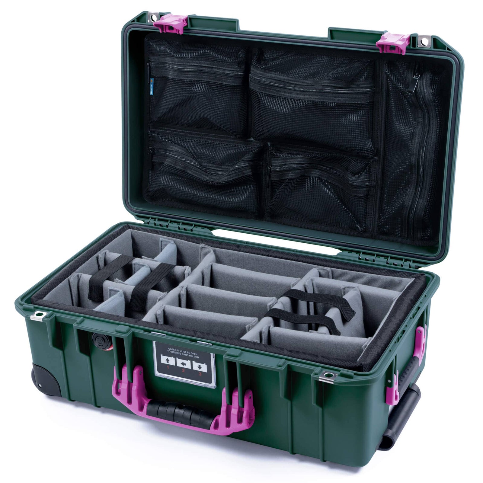Pelican 1535 Air Case, Trekking Green with Magenta Handles & Latches Gray Padded Microfiber Dividers with Mesh Lid Organizer ColorCase 015350-0170-560-401