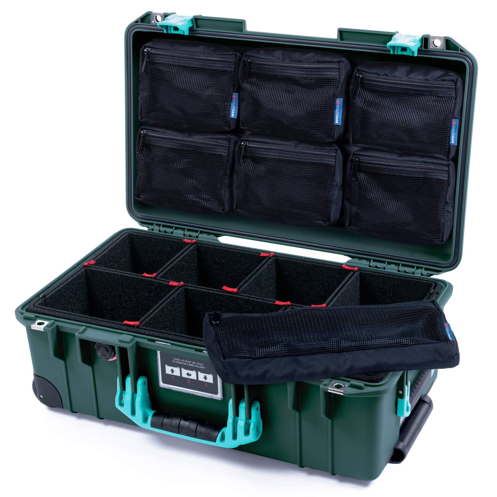Pelican 1535 Air Case, Trekking Green with Teal Handles & Latches TrekPak Divider System with 7-Piece Removable Mesh Pouches ColorCase 015350-0720-550-591