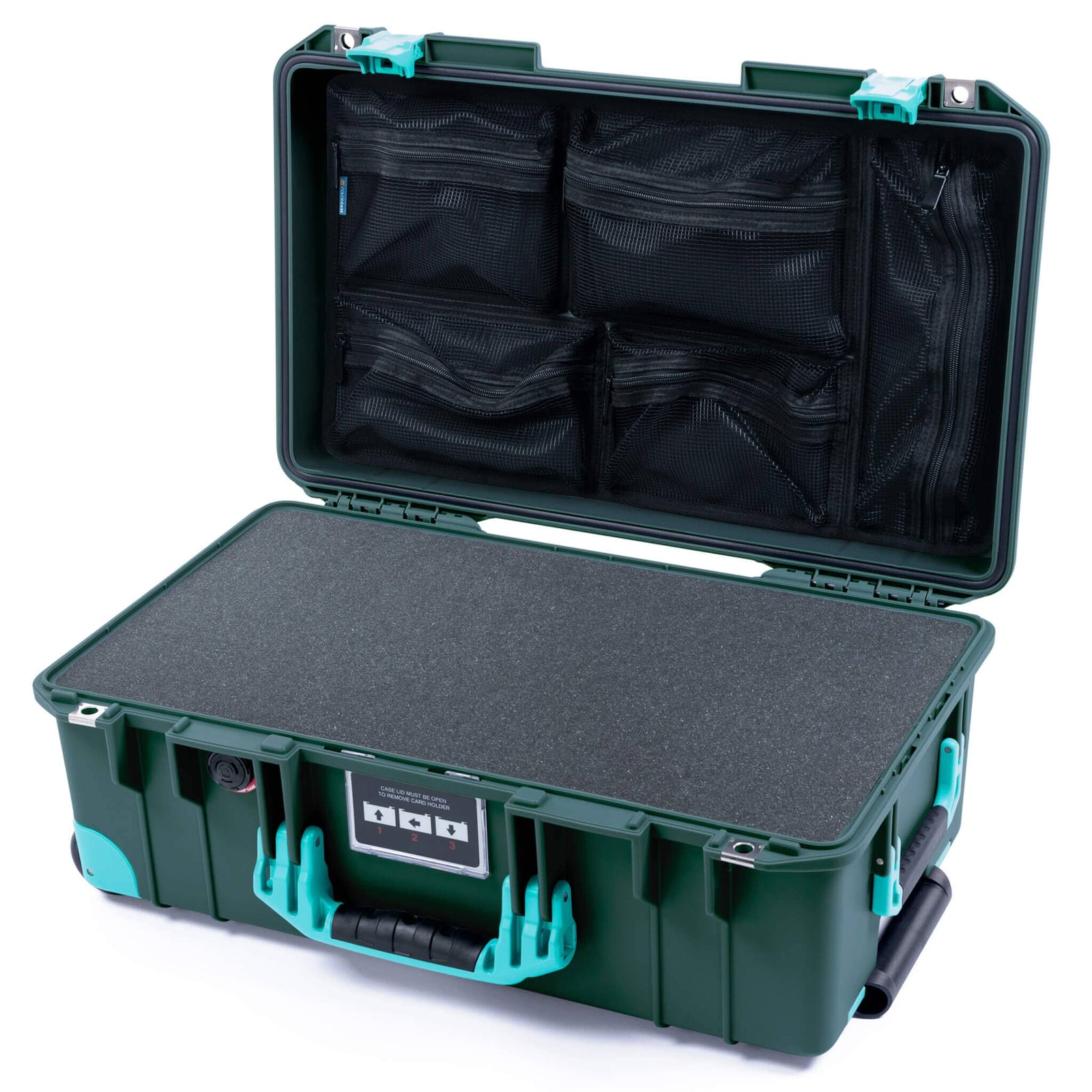 Pelican 1535 Air Case, Trekking Green with Teal Handles, Latches & Trolley Pick & Pluck Foam with Mesh Lid Organizer ColorCase 015350-0101-550-591-590