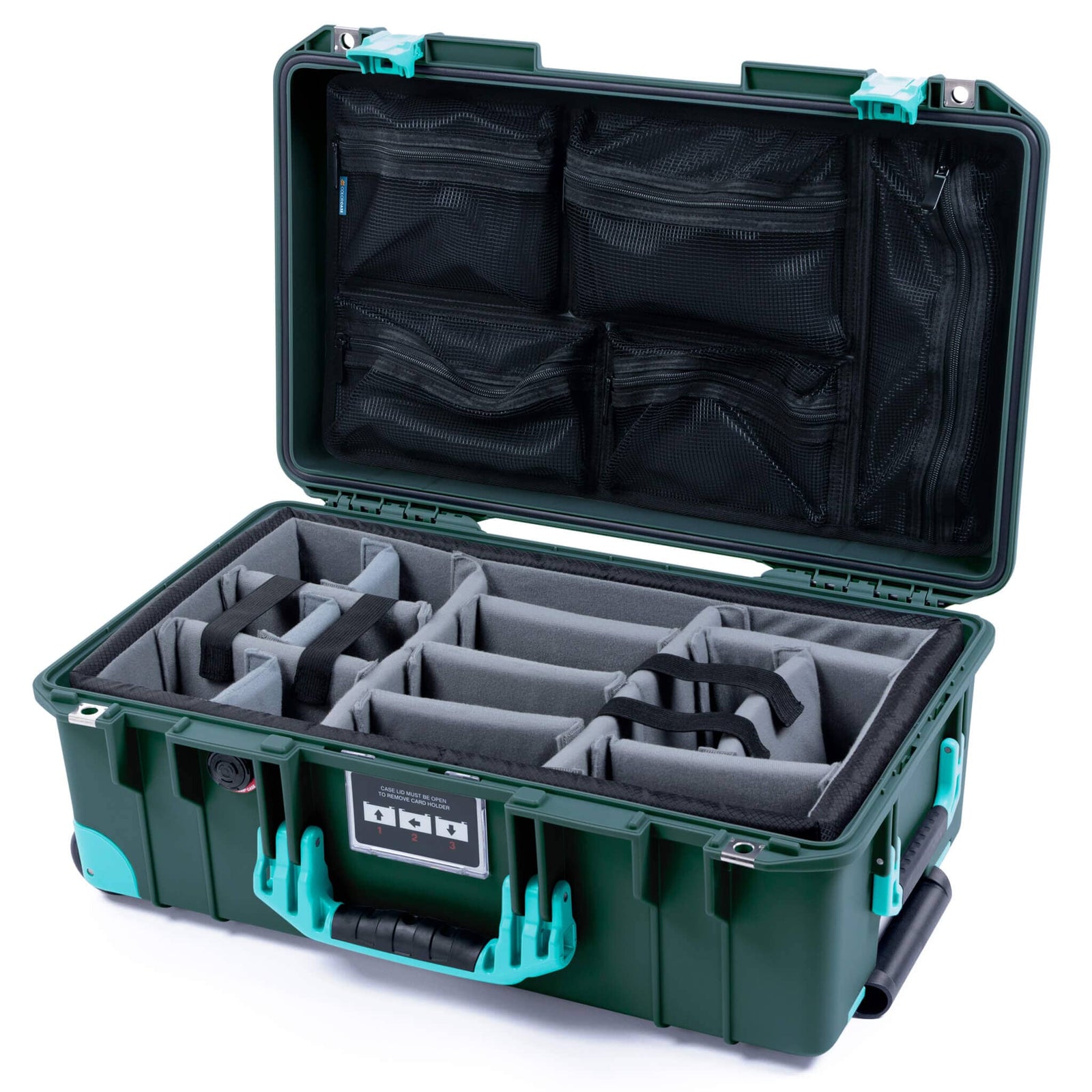 Pelican 1535 Air Case, Trekking Green with Teal Handles, Latches & Trolley Gray Padded Microfiber Dividers with Mesh Lid Organizer ColorCase 015350-0170-550-591-590