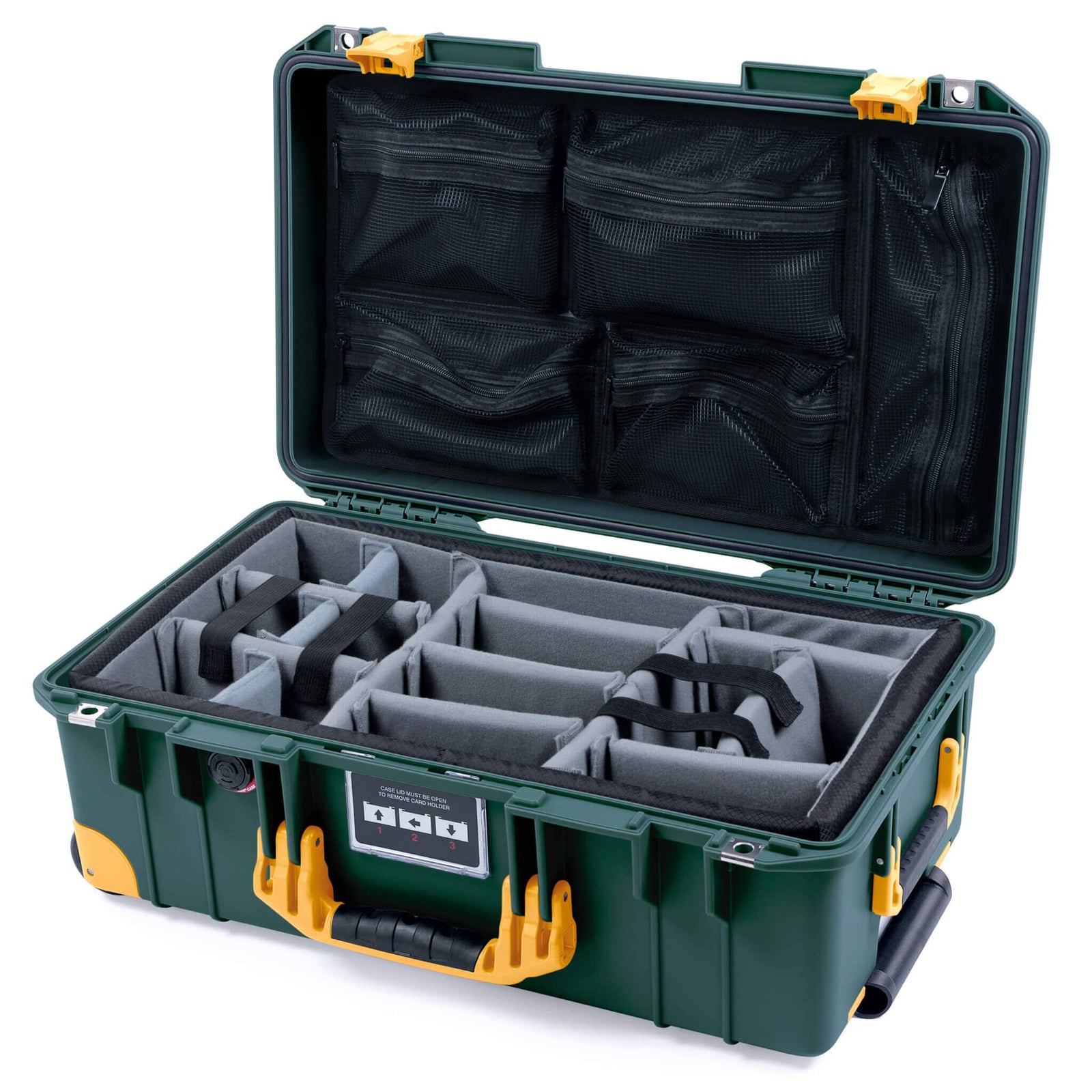 Pelican 1535 Air Case, Trekking Green with Yellow Handles, Push-Button Latches & Trolley Gray Padded Microfiber Dividers with Mesh Lid Organizer ColorCase 015350-0170-138-240-240