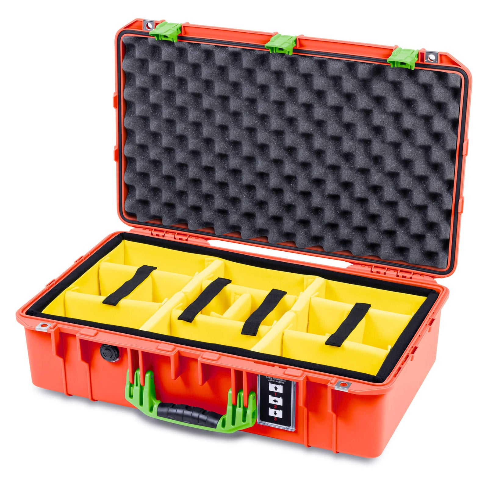 Pelican 1555 Air Case, Orange with Lime Green Handle & Latches Yellow Padded Microfiber Dividers with Convolute Lid Foam ColorCase 015550-0010-150-301