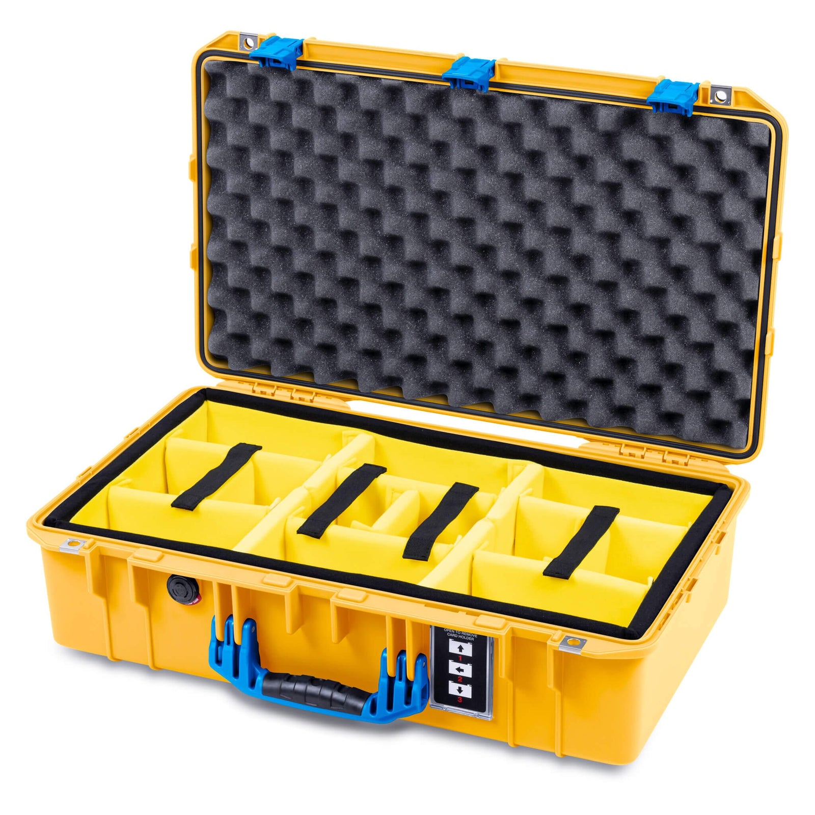 Pelican 1555 Air Case, Yellow with Blue Handle & Latches Yellow Padded Microfiber Dividers with Convolute Lid Foam ColorCase 015550-0010-240-121