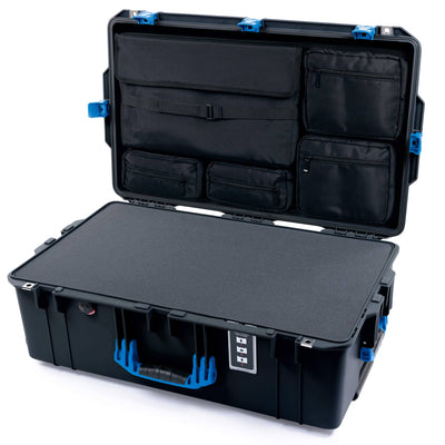 Pelican 1595 Air Case, Black with Blue Handles & Push-Button Latches Pick & Pluck Foam with Laptop Computer Lid Pouch ColorCase 015950-0201-110-121