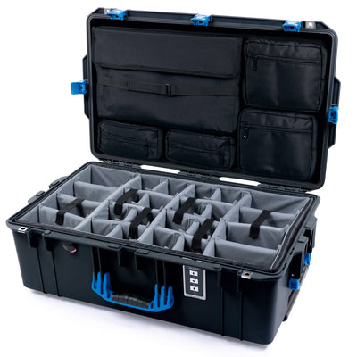 Pelican 1595 Air Case, Black with Blue Handles & Push-Button Latches Gray Padded Microfiber Dividers with Laptop Computer Lid Pouch ColorCase 015950-0270-110-121