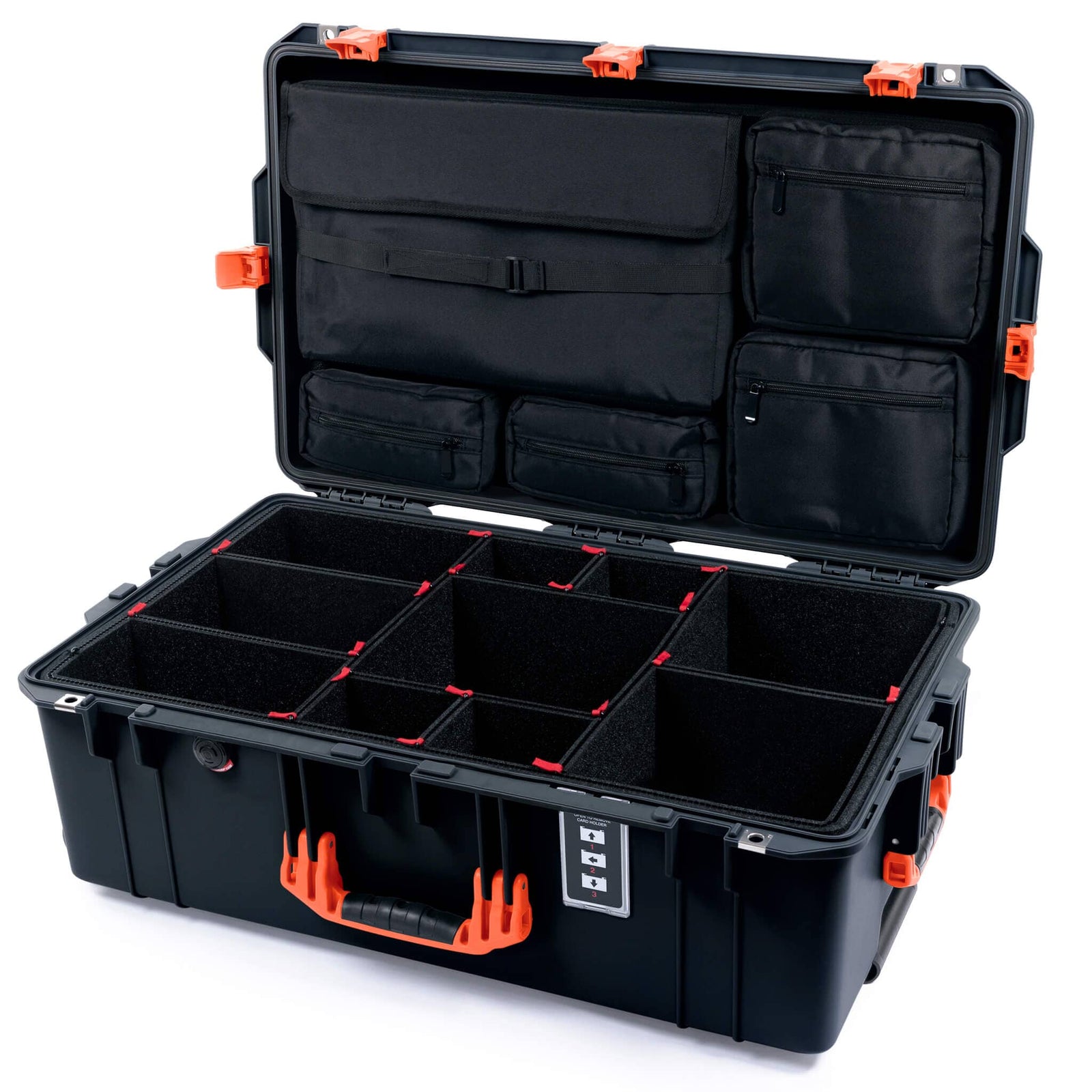 Pelican 1595 Air Case, Black with Orange Handles & Push-Button Latches TrekPak Divider System with Laptop Computer Lid Pouch ColorCase 015950-0220-110-150