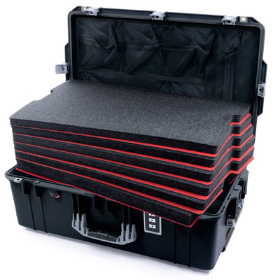Pelican 1595 Air Case, Black with Silver Handles & Push-Button Latches Custom Tool Kit (6 Foam Inserts with Mesh Lid Organizer) ColorCase 015950-0160-110-180
