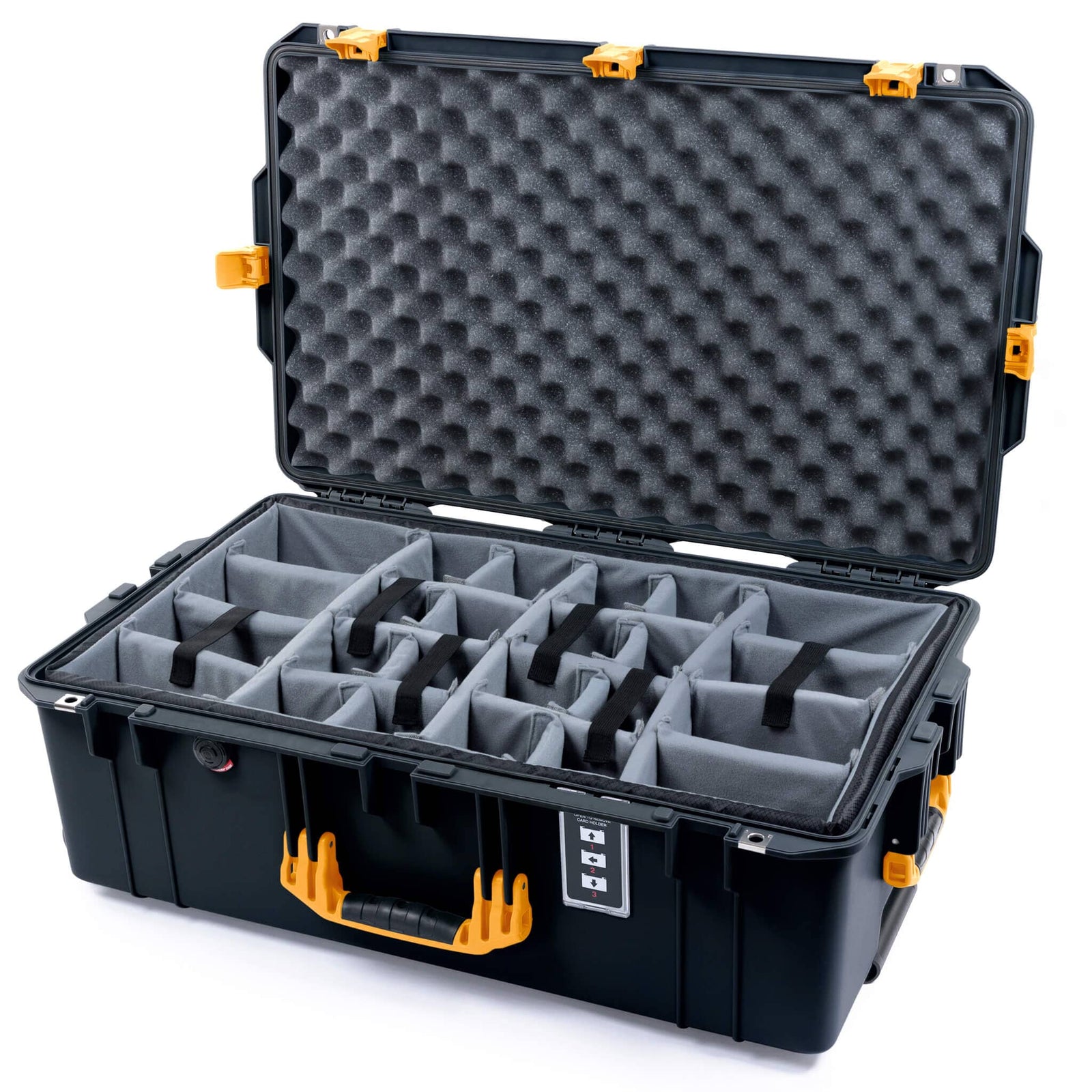 Pelican 1595 Air Case, Black with Yellow Handles & Push-Button Latches Gray Padded Microfiber Dividers with Convoluted Lid Foam ColorCase 015950-0070-110-310