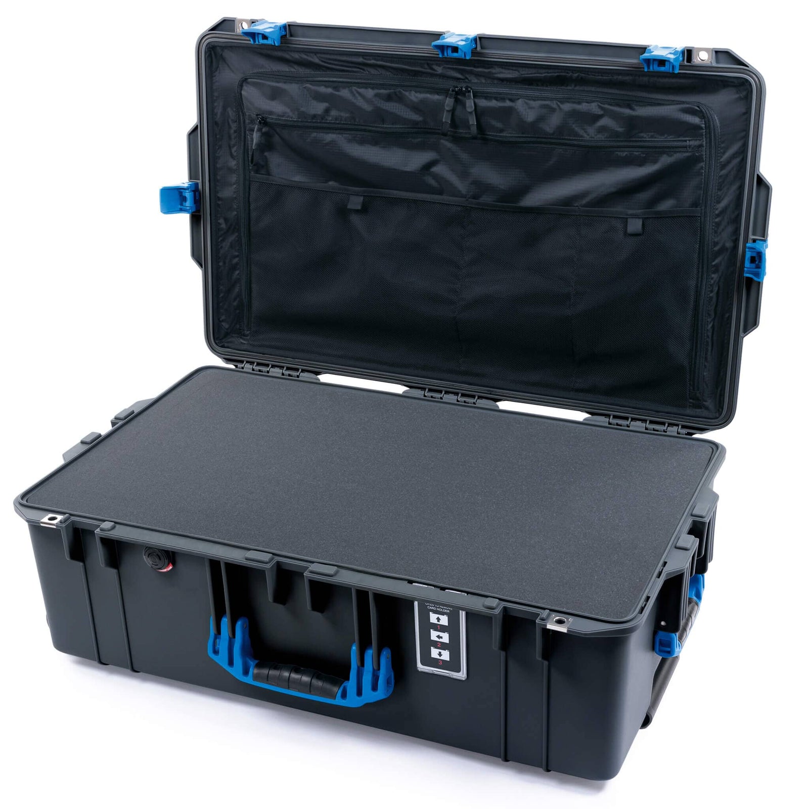 Pelican 1595 Air Case, Charcoal with Blue Handles & Latches Pick & Pluck Foam with Combo-Pouch Lid Organizer ColorCase 015950-0301-520-121