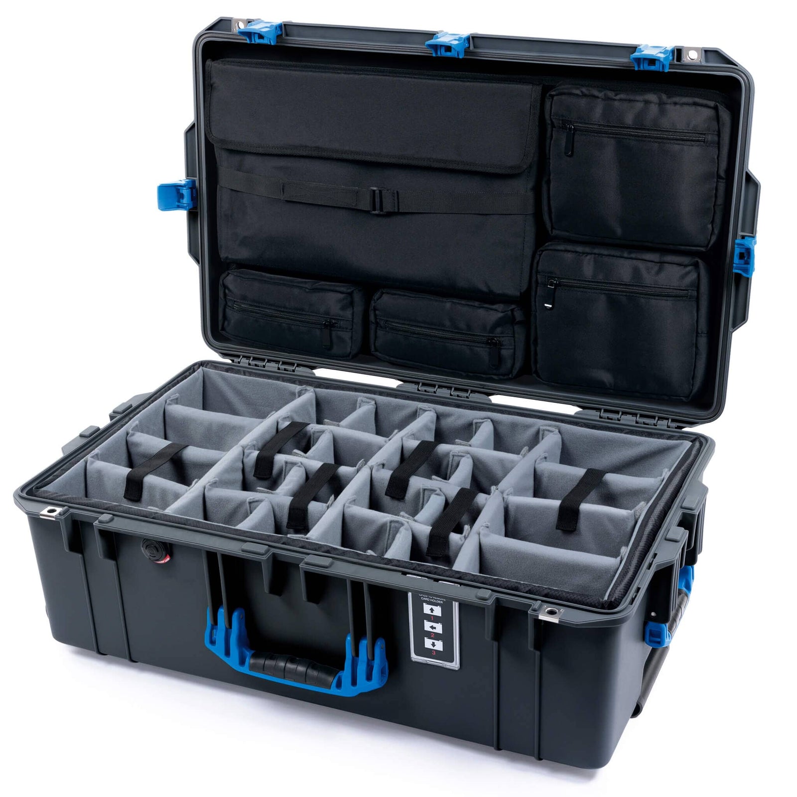 Pelican 1595 Air Case, Charcoal with Blue Handles & Latches Gray Padded Microfiber Dividers with Laptop Computer Lid Pouch ColorCase 015950-0270-520-121