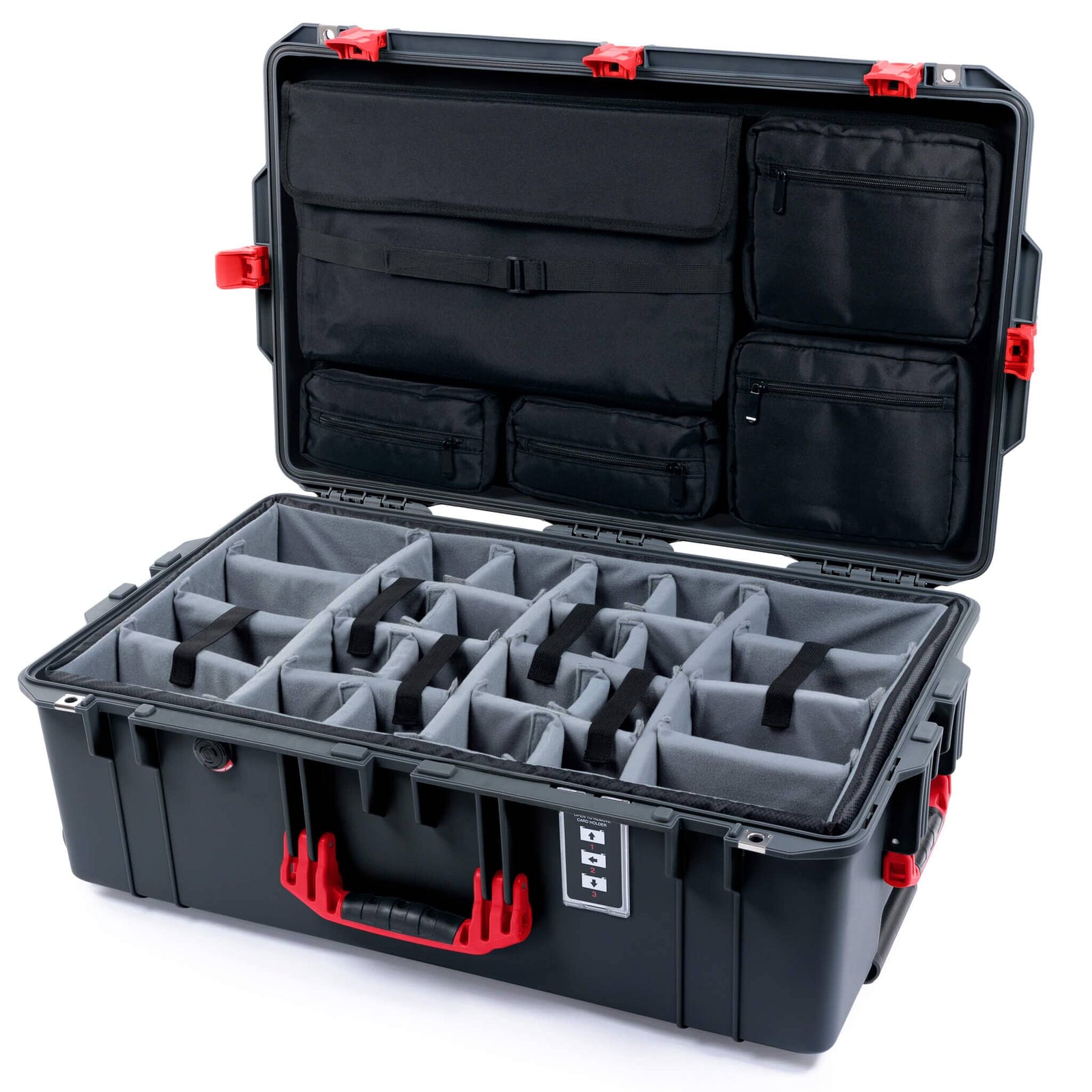 Pelican 1595 Air Case, Charcoal with Red Handles & Latches Gray Padded Microfiber Dividers with Laptop Computer Lid Pouch ColorCase 015950-0270-520-321