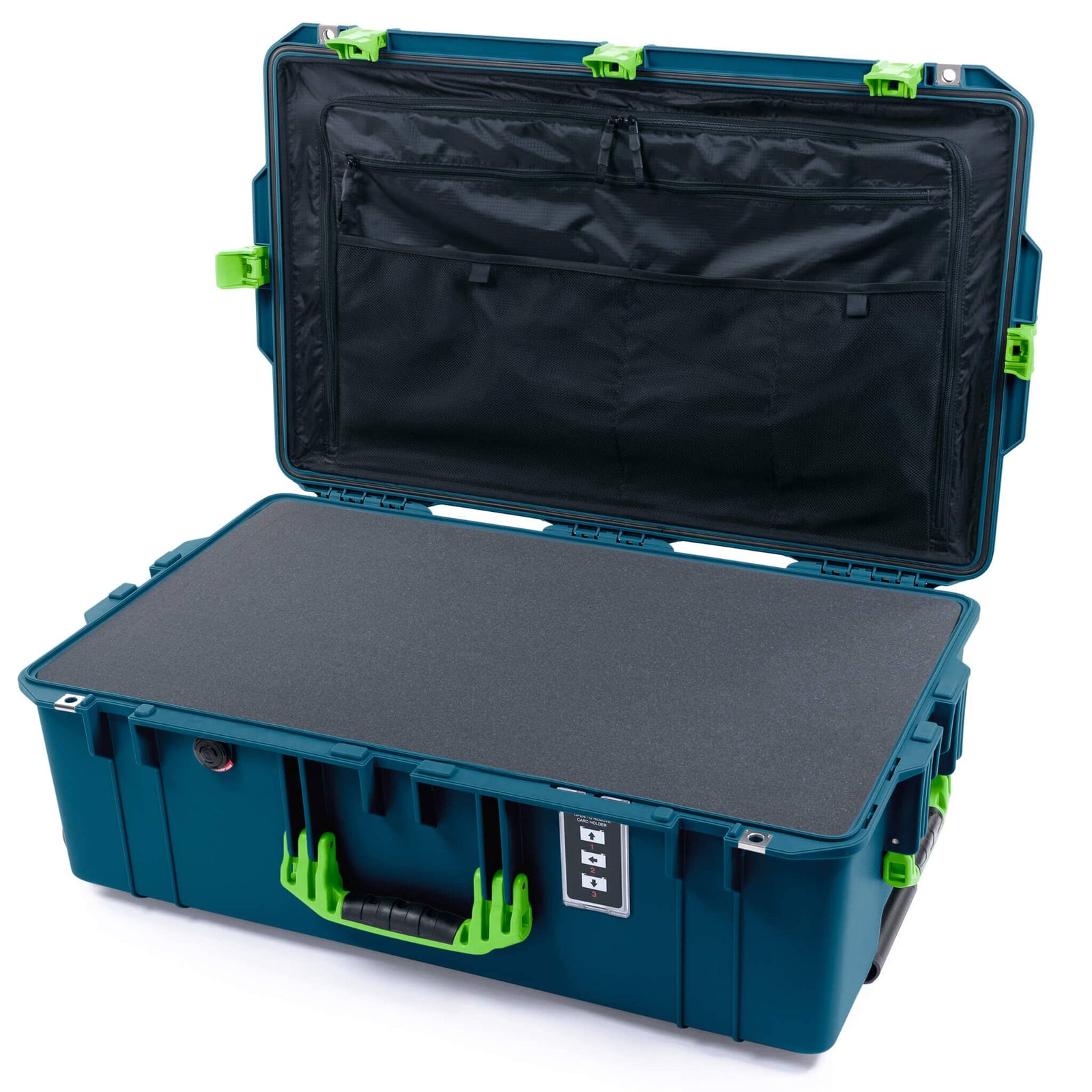 Pelican 1595 Air Case, Indigo with Lime Green Handles & Latches Pick & Pluck Foam with Combo-Pouch Lid Organizer ColorCase 015950-0301-500-301