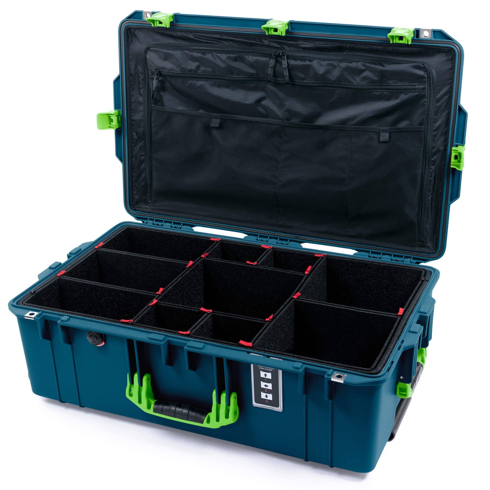 Pelican 1595 Air Case, Indigo with Lime Green Handles & Latches TrekPak Divider System with Combo-Pouch Lid Organizer ColorCase 015950-0320-500-301
