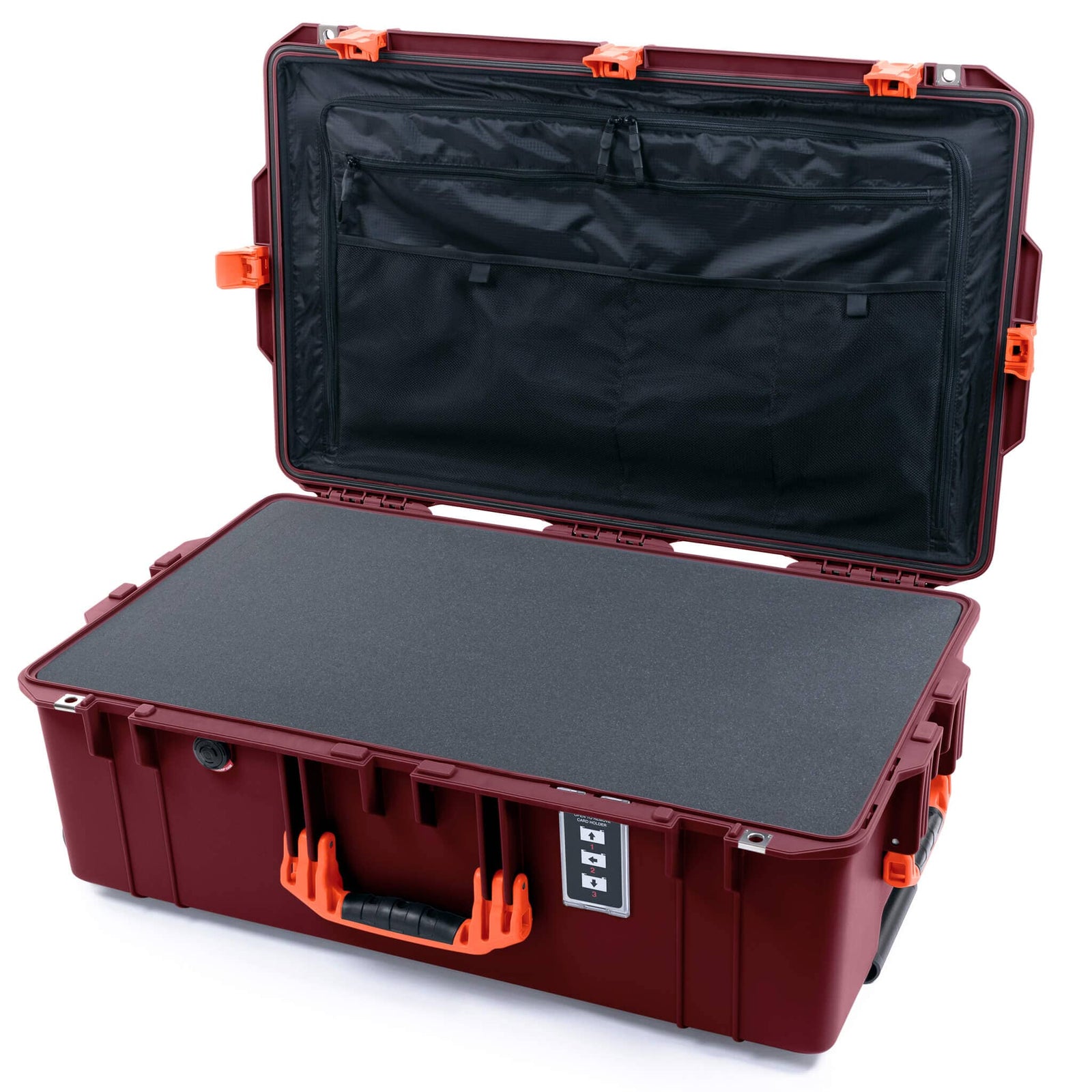 Pelican 1595 Air Case, Oxblood with Orange Handles & Latches Pick & Pluck Foam with Combo-Pouch Lid Organizer ColorCase 015950-0301-510-151