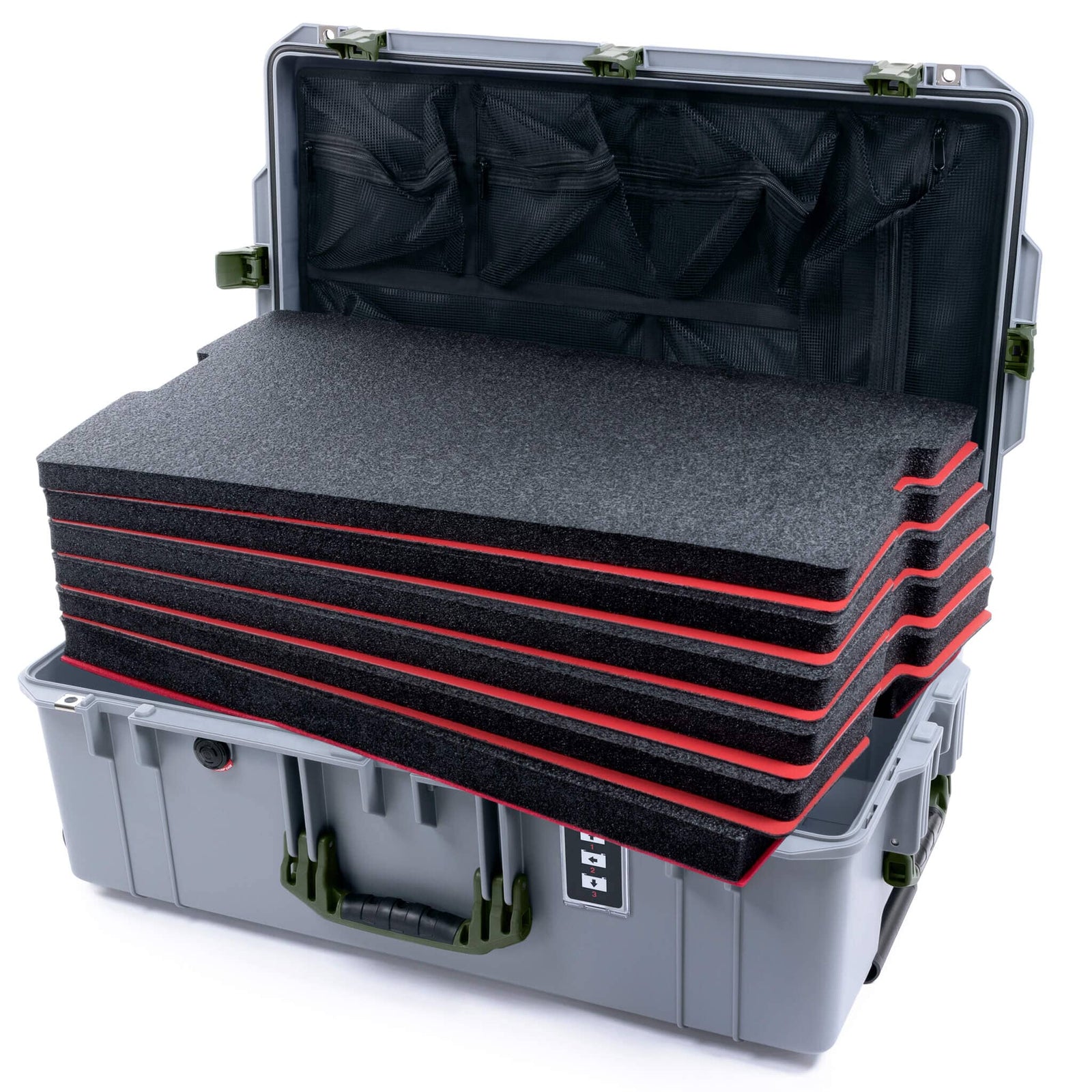 Pelican 1595 Air Case, Silver with OD Green Handles & Latches Custom Tool Kit (6 Foam Inserts with Mesh Lid Organizer) ColorCase 015950-0160-180-131