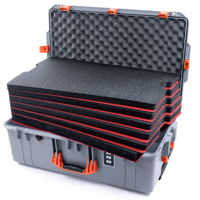Pelican 1595 Air Case, Silver with Orange Handles & Push-Button Latches Custom Tool Kit (6 Foam Inserts with Convoluted Lid Foam) ColorCase 015950-0060-180-150