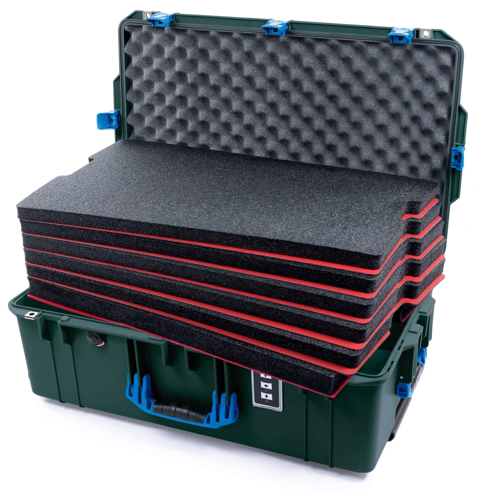 Pelican 1595 Air Case, Trekking Green with Blue Handles & Latches Custom Tool Kit (6 Foam Inserts with Convoluted Lid Foam) ColorCase 015950-0060-560-121