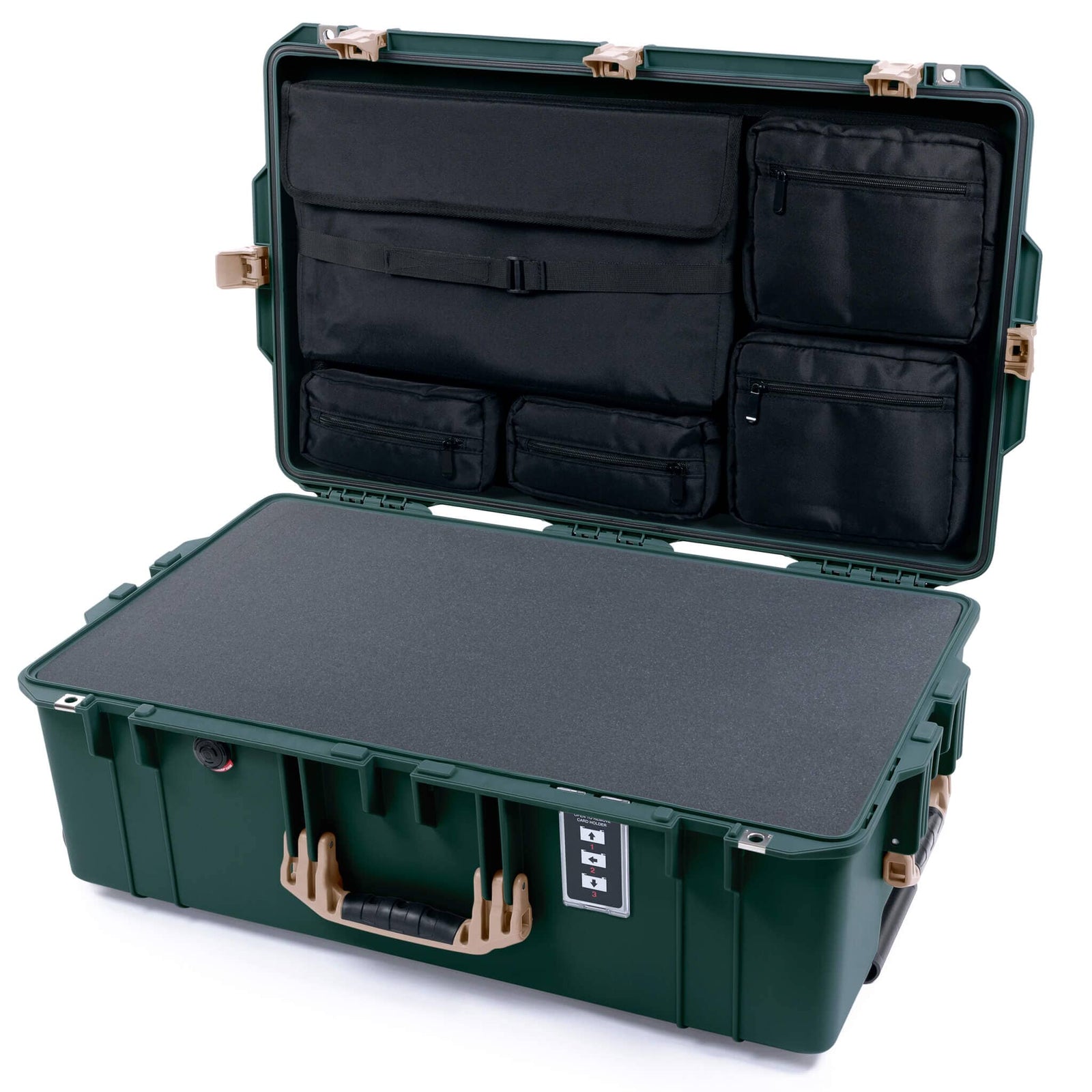 Pelican 1595 Air Case, Trekking Green with Desert Tan Handles & Latches Pick & Pluck Foam with Laptop Computer Lid Pouch ColorCase 015950-0201-560-311