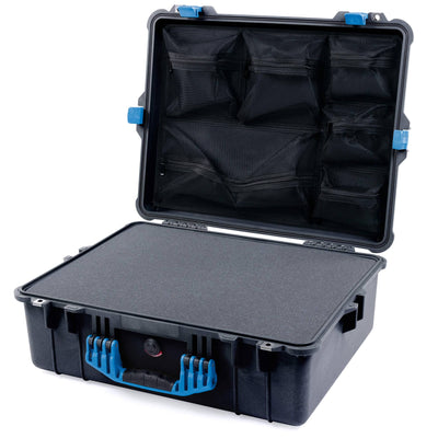 Pelican 1600 Case, Black with Blue Handle & Latches Pick & Pluck Foam with Mesh Lid Organizer ColorCase 016000-0101-110-120