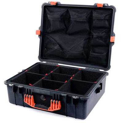 Pelican 1600 Case, Black with Orange Handle & Latches TrekPak Divider System with Mesh Lid Organizer ColorCase 016000-0120-110-150