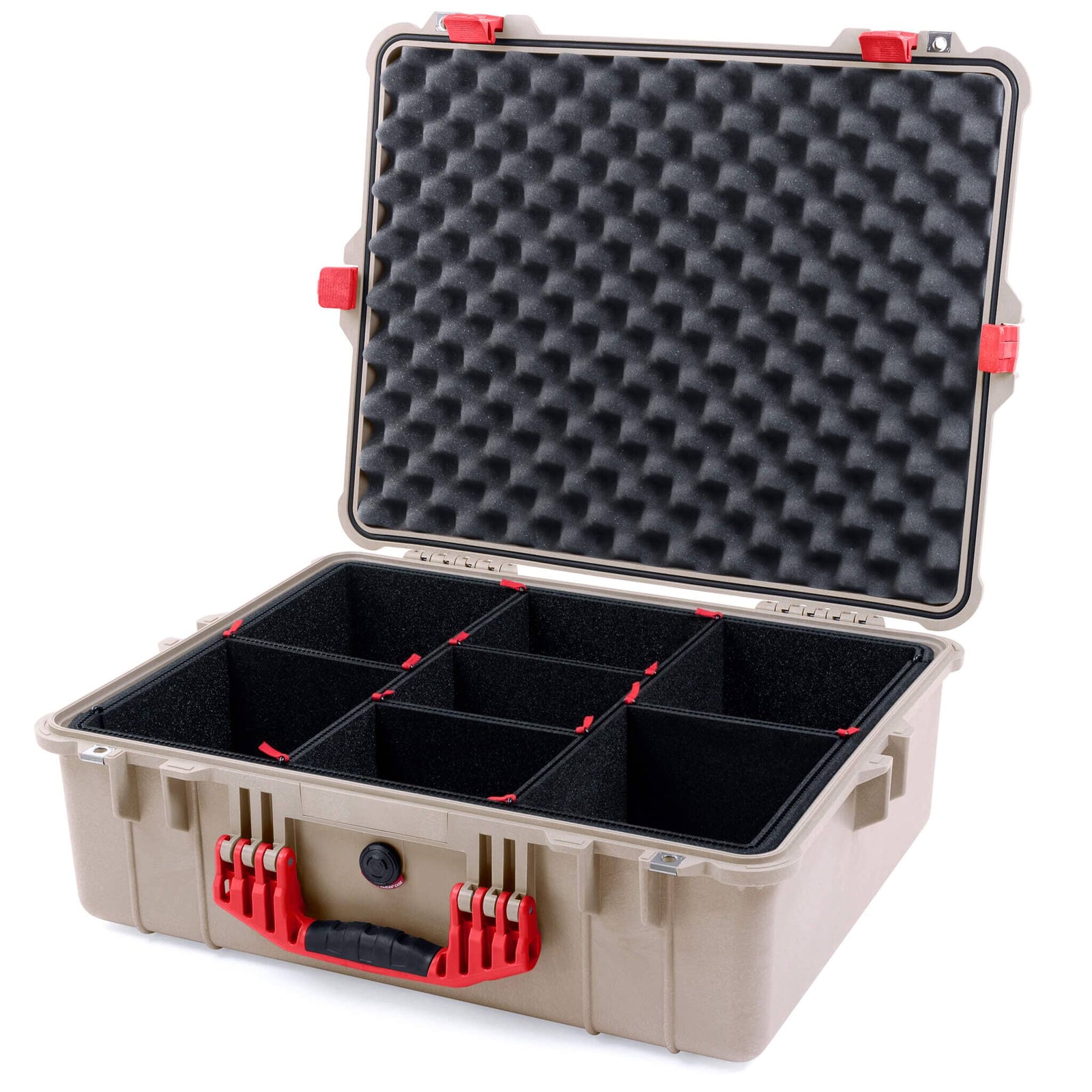 Pelican 1600 Case, Desert Tan with Red Handle & Latches TrekPak Divider System with Convoluted Lid Foam ColorCase 016000-0020-310-320