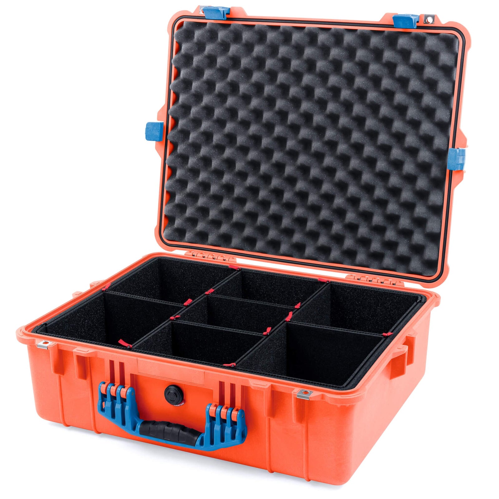 Pelican 1600 Case, Orange with Blue Handle & Latches TrekPak Divider System with Convoluted Lid Foam ColorCase 016000-0020-150-120