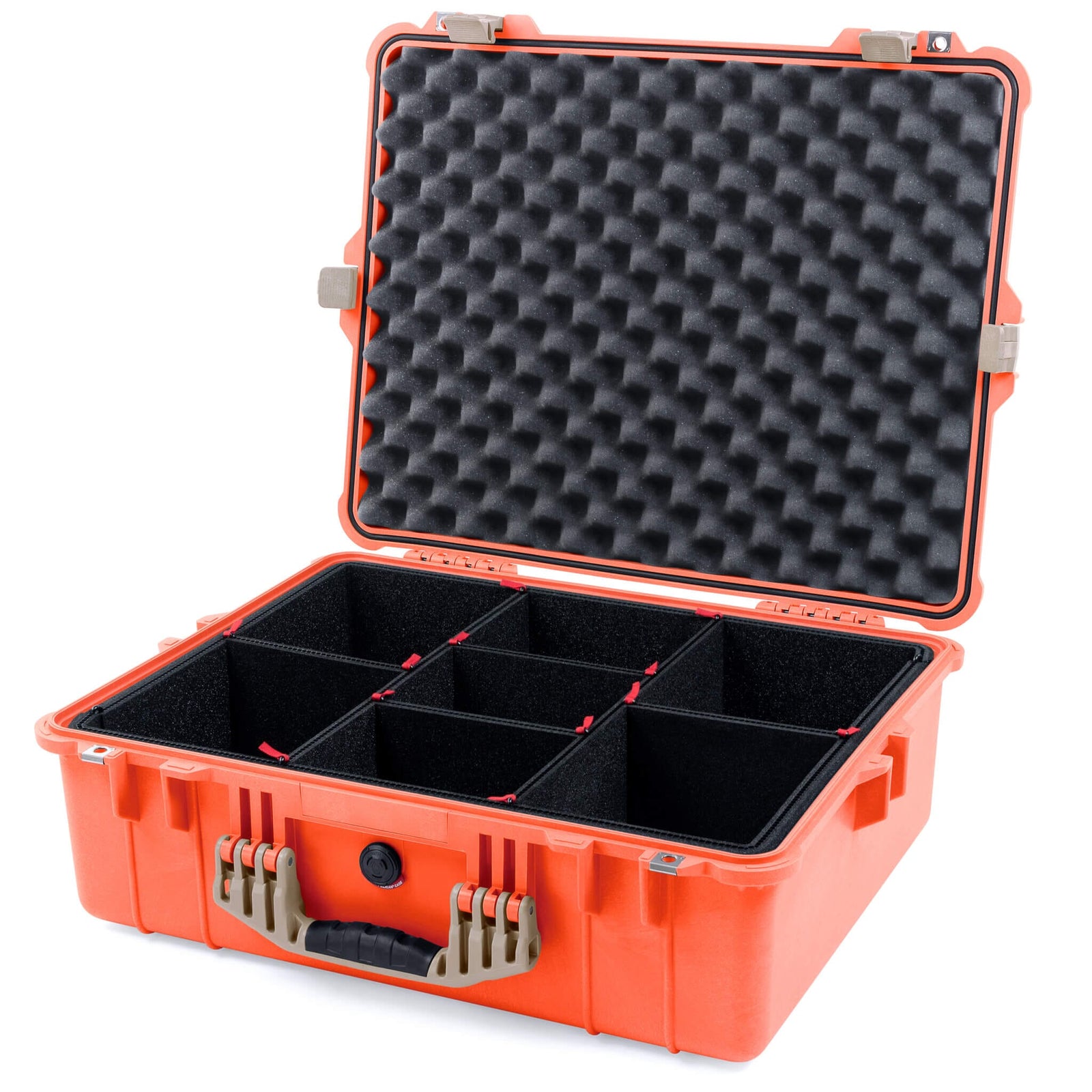 Pelican 1600 Case, Orange with Desert Tan Handle & Latches TrekPak Divider System with Convoluted Lid Foam ColorCase 016000-0020-150-310
