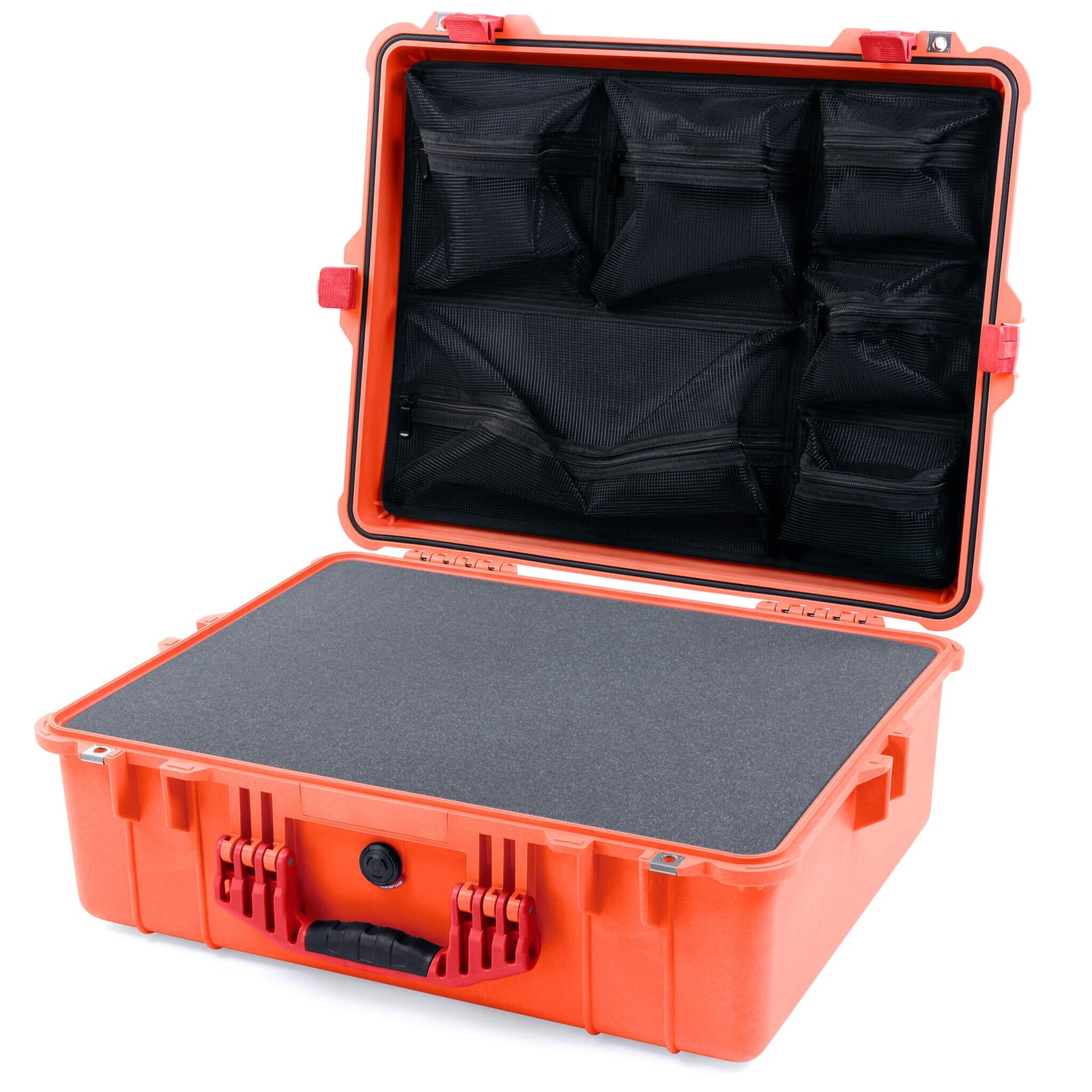 Pelican 1600 Case, Orange with Red Handle & Latches Pick & Pluck Foam with Mesh Lid Organizer ColorCase 016000-0101-150-320