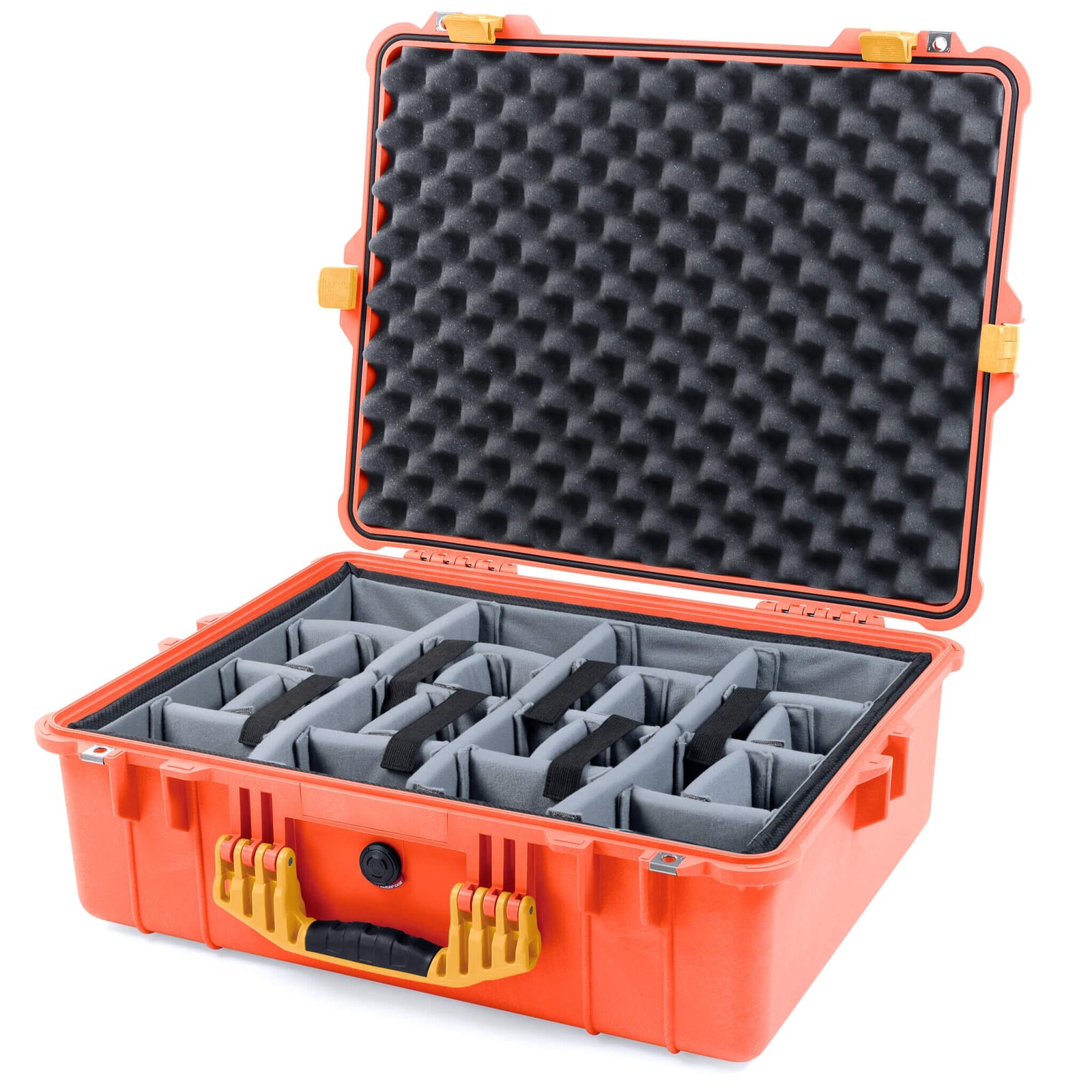 Pelican 1600 Case, Orange with Yellow Handle & Latches Gray Padded Dividers with Convoluted Lid Foam ColorCase 016000-0070-150-240