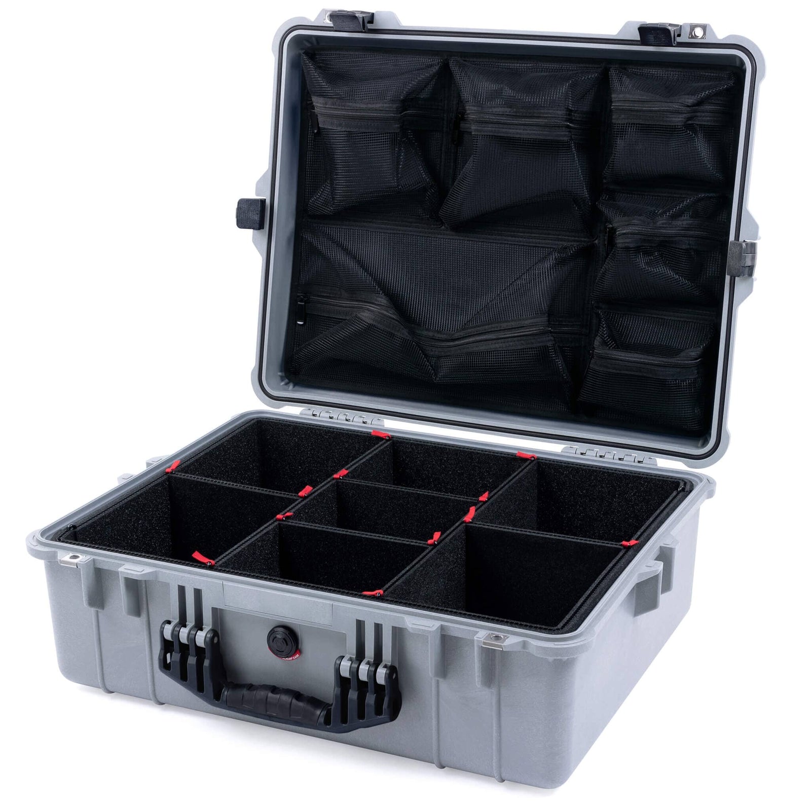 Pelican 1600 Case, Silver with Black Handle & Latches TrekPak Divider System with Mesh Lid Organizer ColorCase 016000-0120-180-110