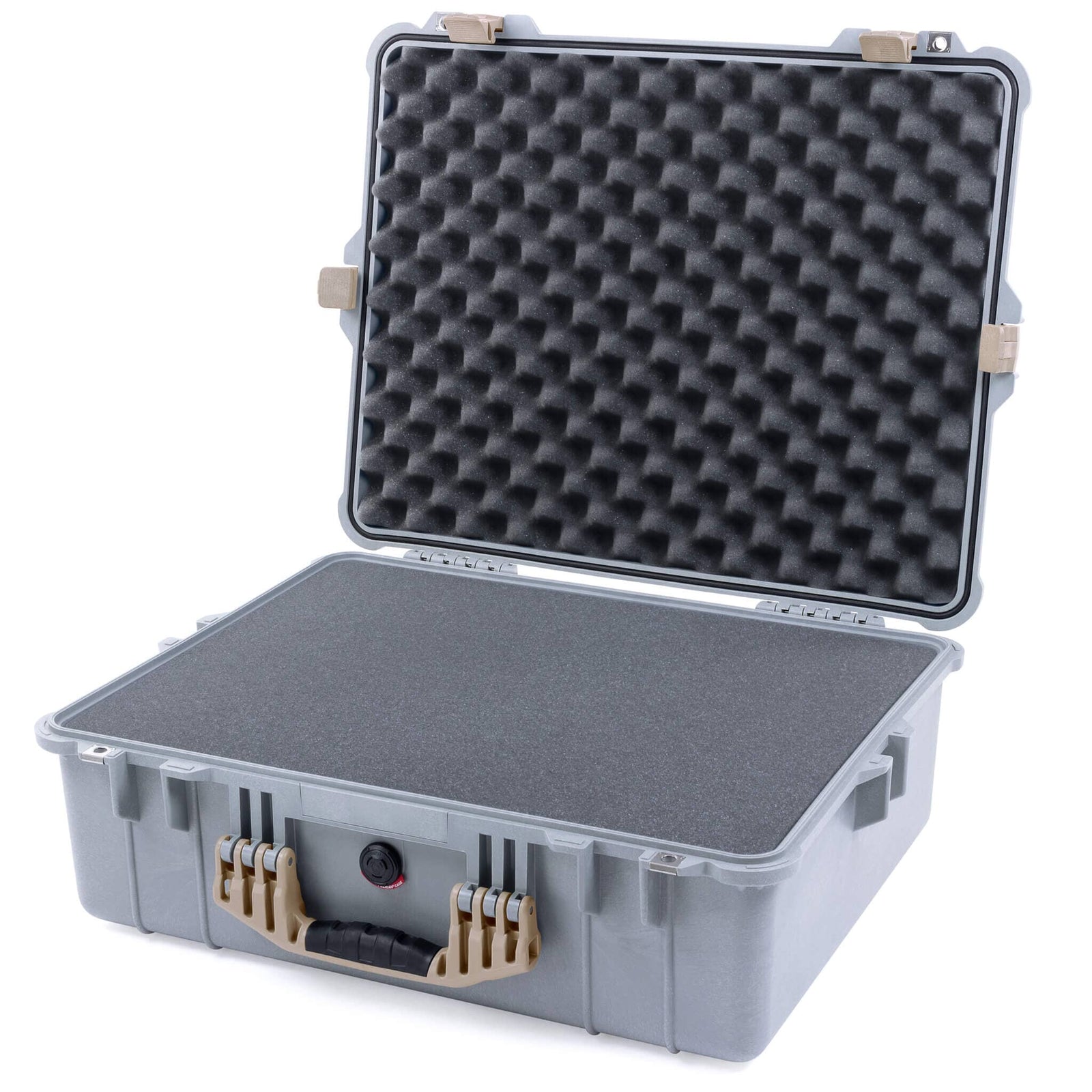 Pelican 1600 Case, Silver with Desert Tan Handle & Latches Pick & Pluck Foam with Convoluted Lid Foam ColorCase 016000-0001-180-310