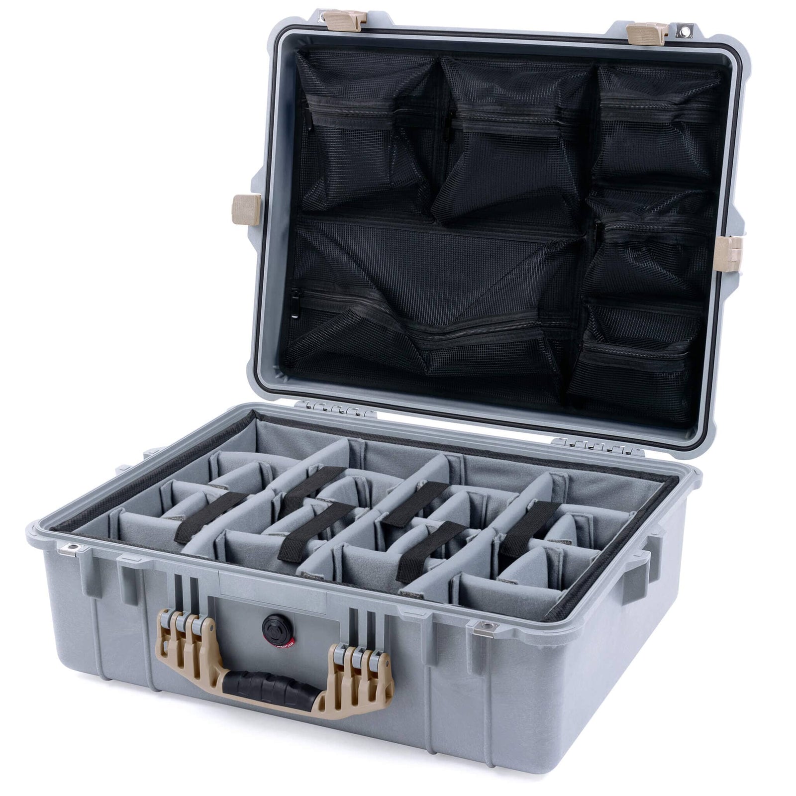 Pelican 1600 Case, Silver with Desert Tan Handle & Latches Gray Padded Dividers with Mesh Lid Organizer ColorCase 016000-0170-180-310