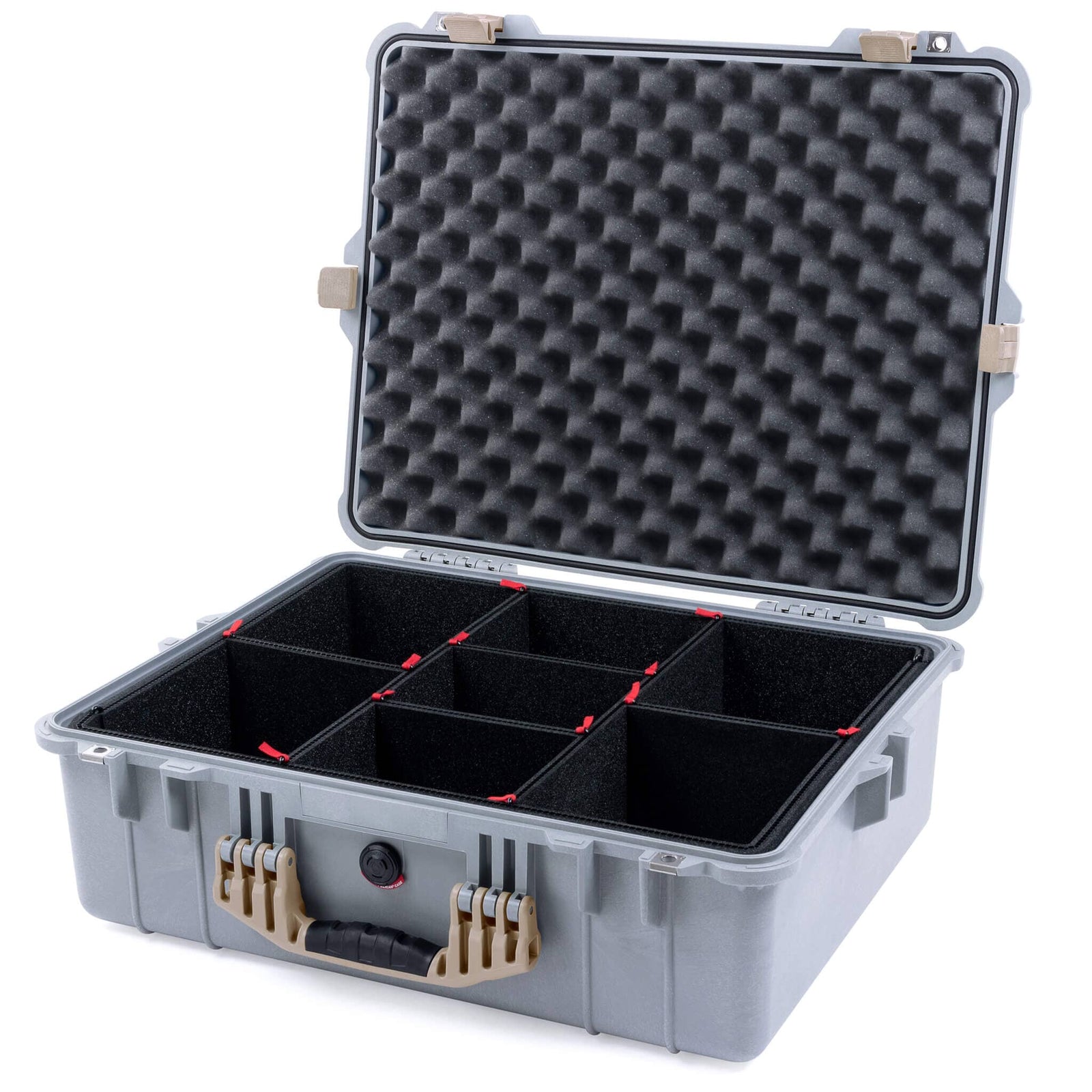 Pelican 1600 Case, Silver with Desert Tan Handle & Latches TrekPak Divider System with Convoluted Lid Foam ColorCase 016000-0020-180-310
