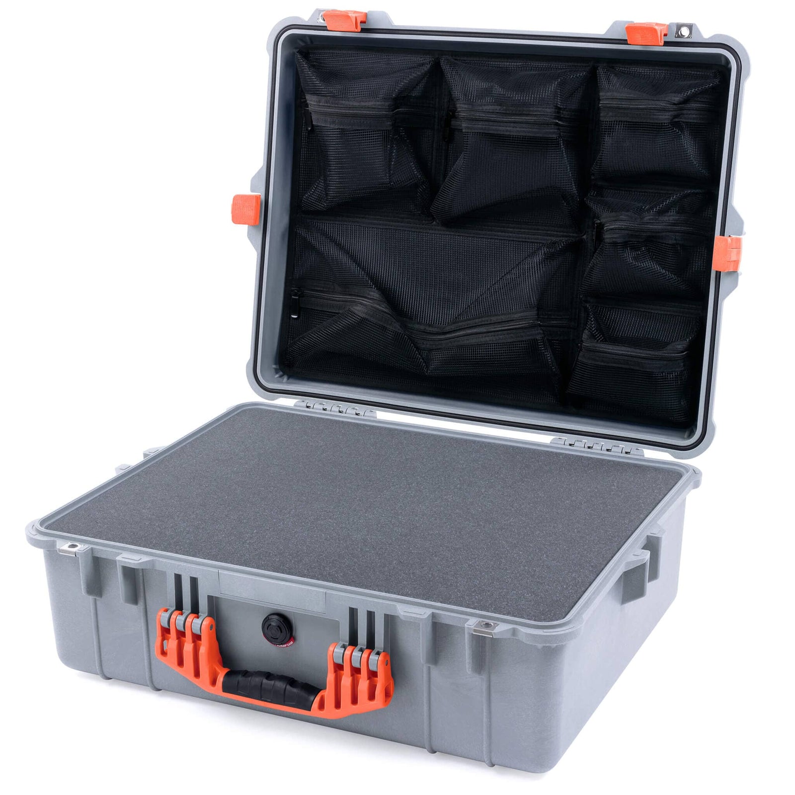 Pelican 1600 Case, Silver with Orange Handle & Latches Pick & Pluck Foam with Mesh Lid Organizer ColorCase 016000-0101-180-150